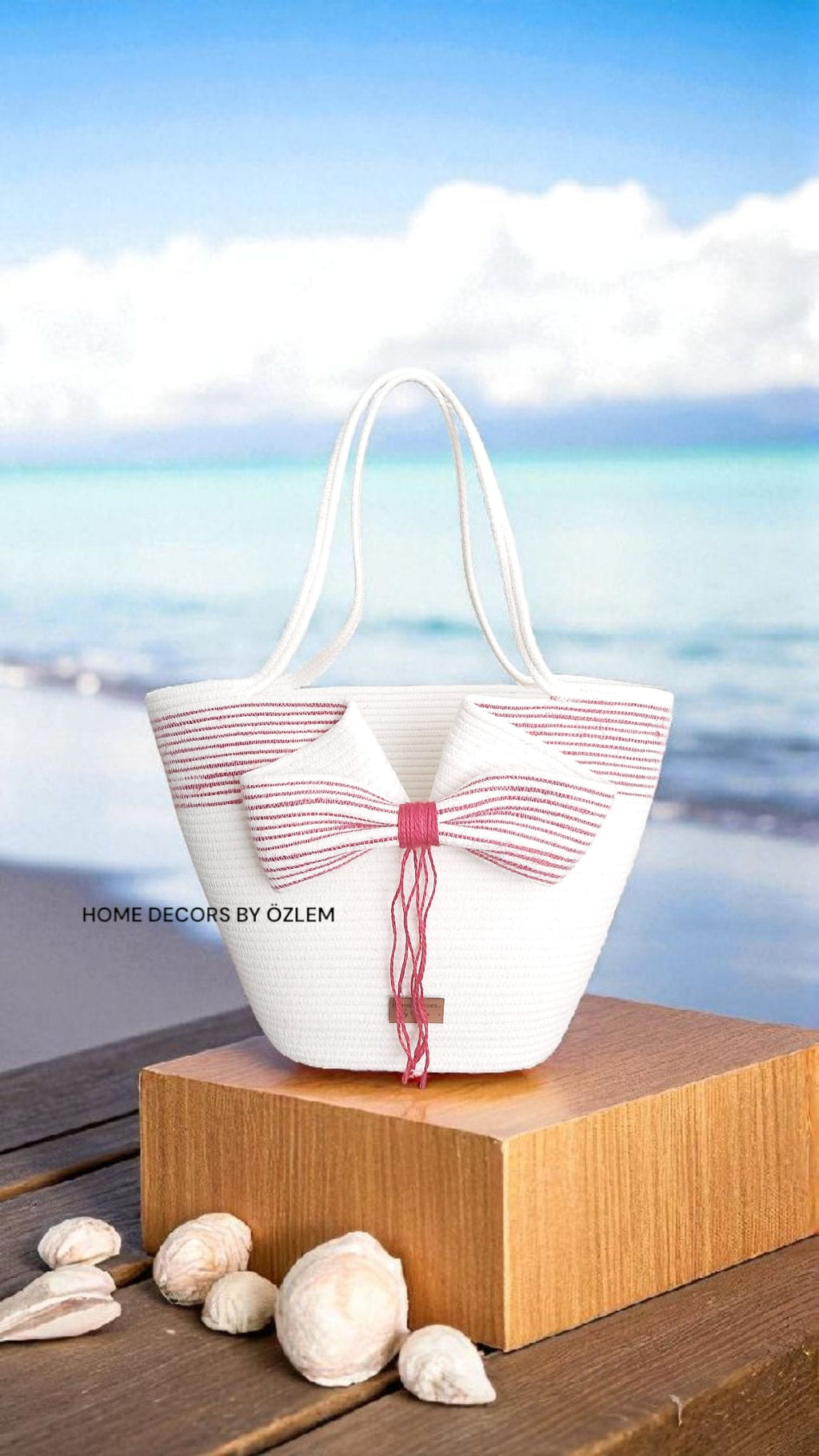 Ekru Kırmızı Kurdele Tasarımlı Omuz Çantası Plaj Çantası Günlük Çanta El Emeği Handmade - 40~42x30cm