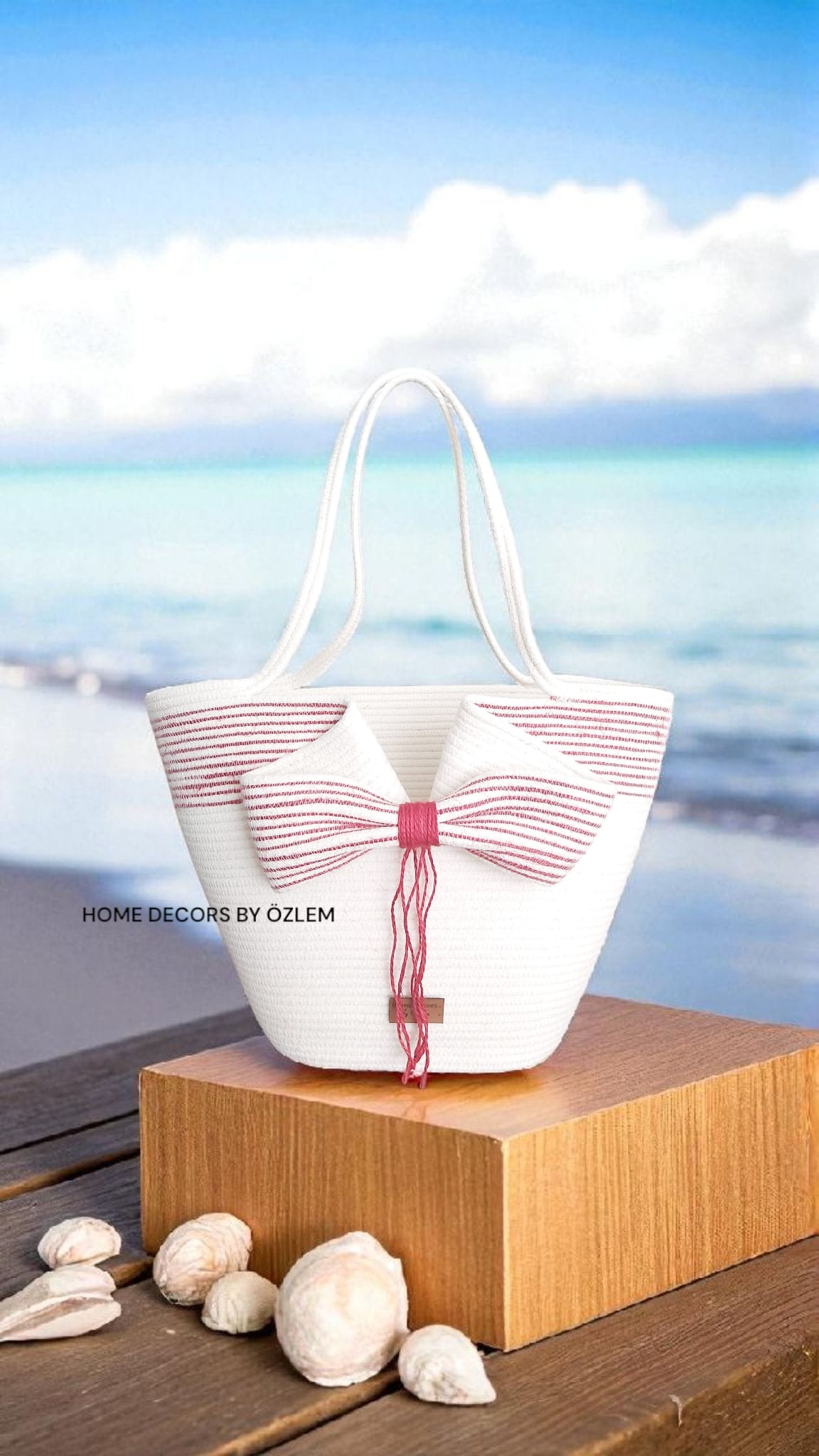 Ekru Kırmızı Kurdele Tasarımlı Omuz Çantası Plaj Çantası Günlük Çanta El Emeği Handmade - 40~42x30cm