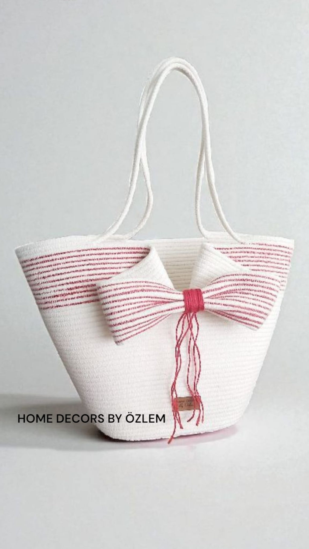 Ekru Kırmızı Kurdele Tasarımlı Omuz Çantası Plaj Çantası Günlük Çanta El Emeği Handmade - 40~42x30cm