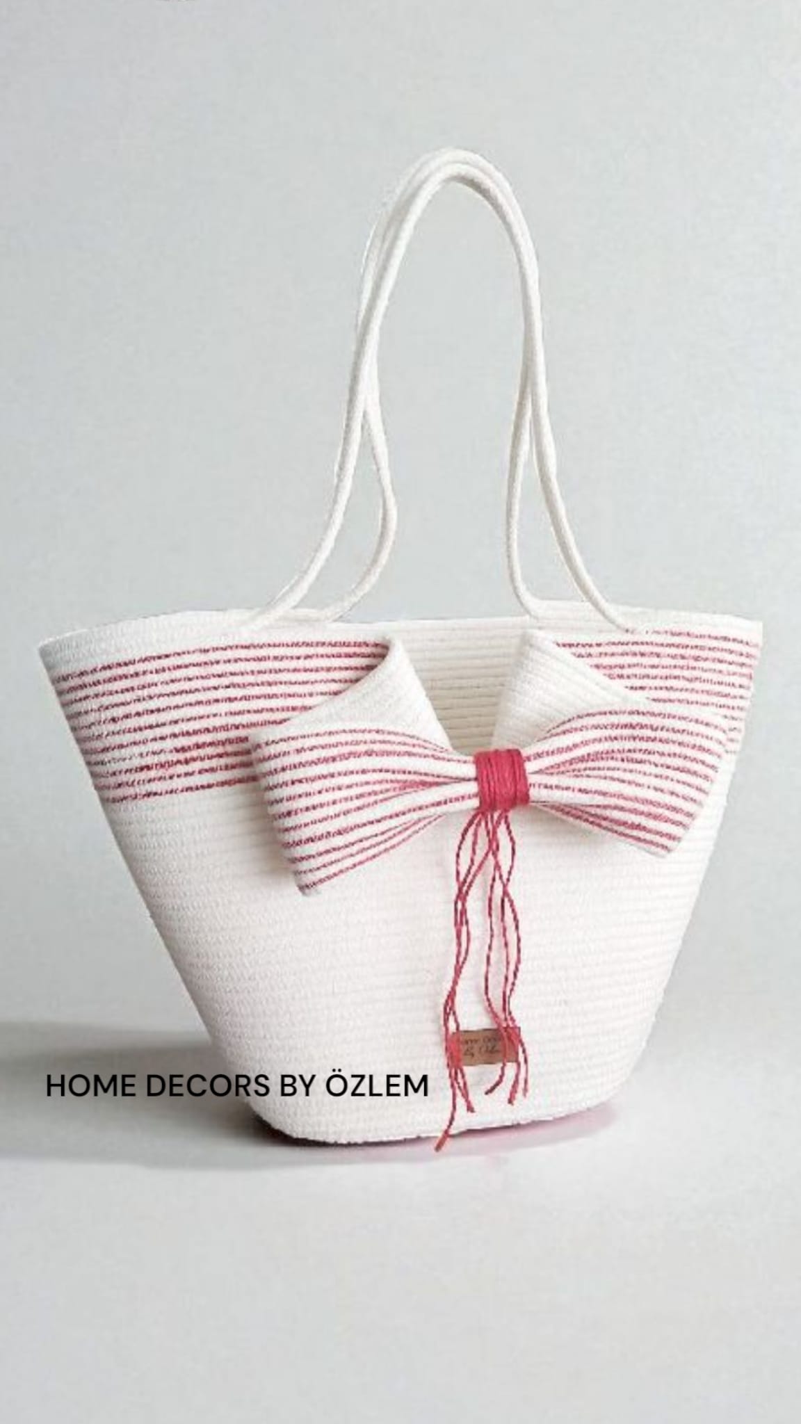 Ekru Kırmızı Kurdele Tasarımlı Omuz Çantası Plaj Çantası Günlük Çanta El Emeği Handmade - 40~42x30cm