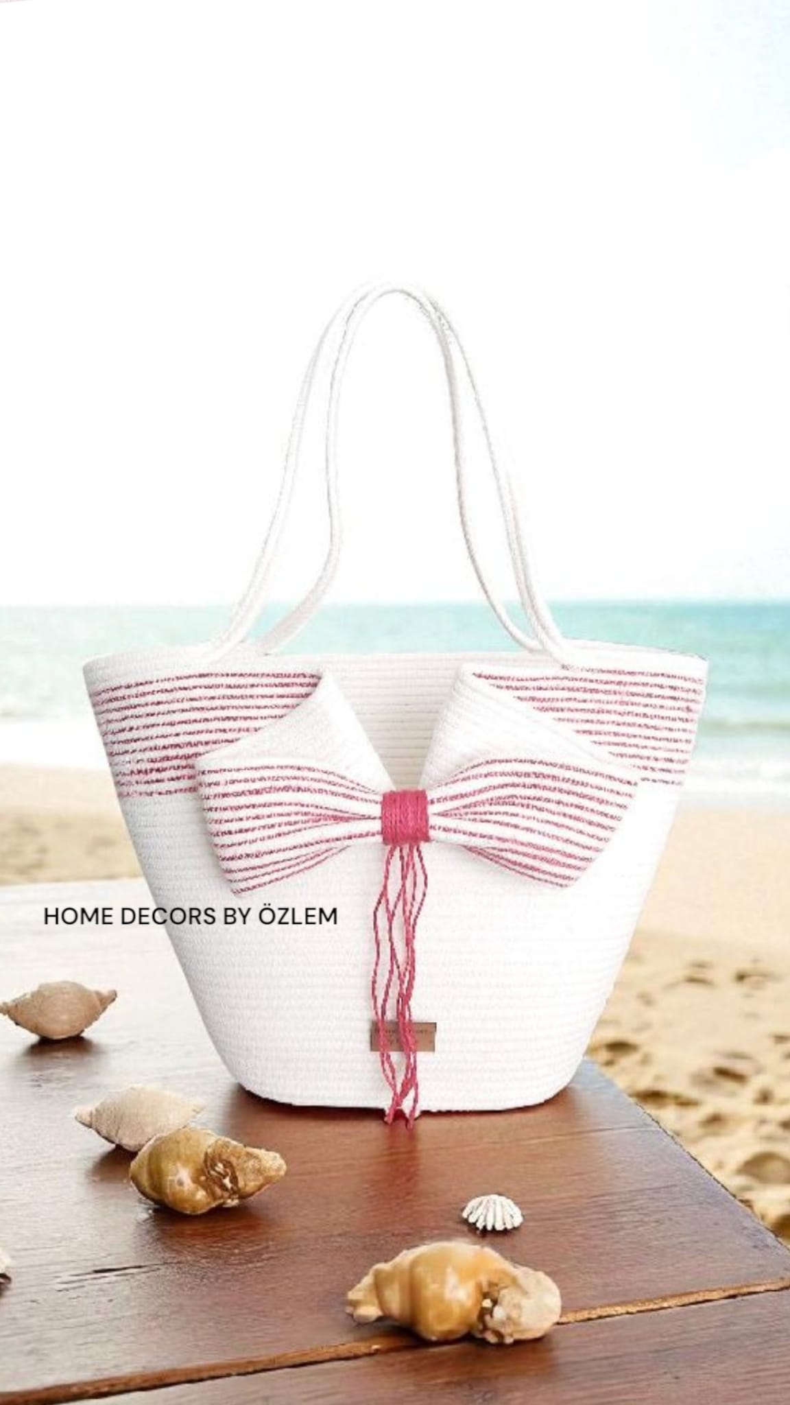 Ekru Kırmızı Kurdele Tasarımlı Omuz Çantası Plaj Çantası Günlük Çanta El Emeği Handmade - 40~42x30cm