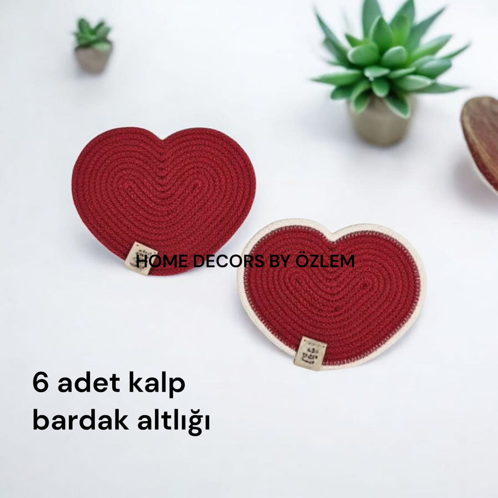 Kırmızı 6 Adet Kalp Bardak Altlığı Organizer Düzenleyici Handmade El Emeği Mutfak Sofra Dekor Sunum - 14x14 cm
