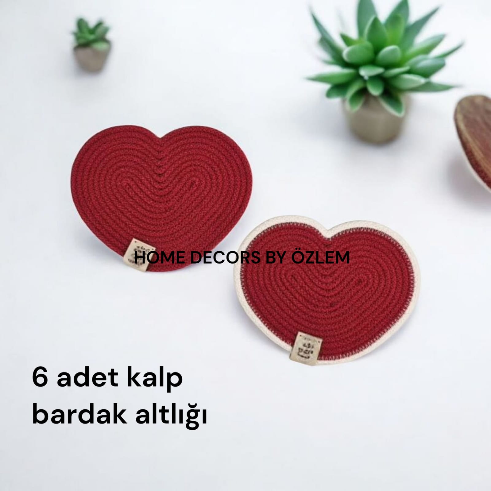 Kırmızı 6 Adet Kalp Bardak Altlığı Organizer Düzenleyici Handmade El Emeği Mutfak Sofra Dekor Sunum - 14x14 cm