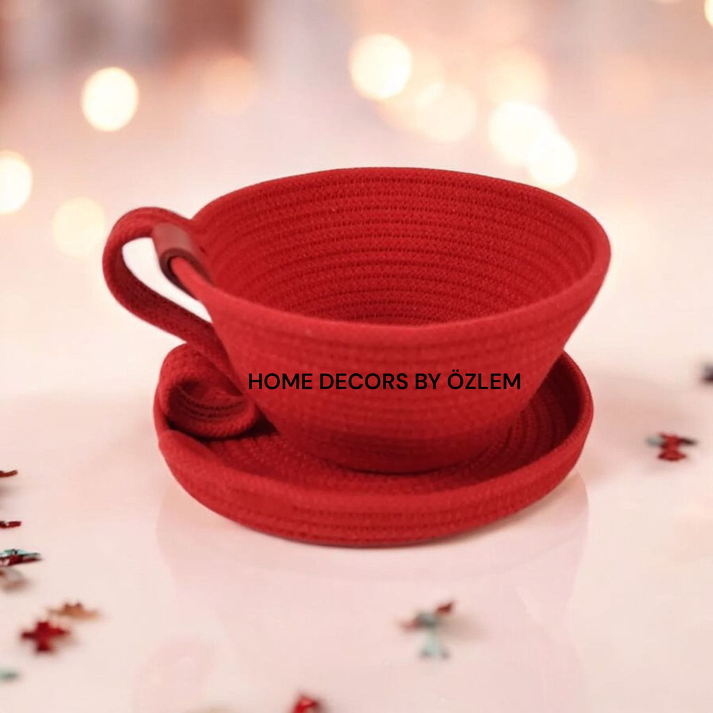 KIRMIZI Fincan Sepet Hasır Sepet Düzenleyici Saklama Kutusu Organizer El Emeği Handmade - 19x12 cm