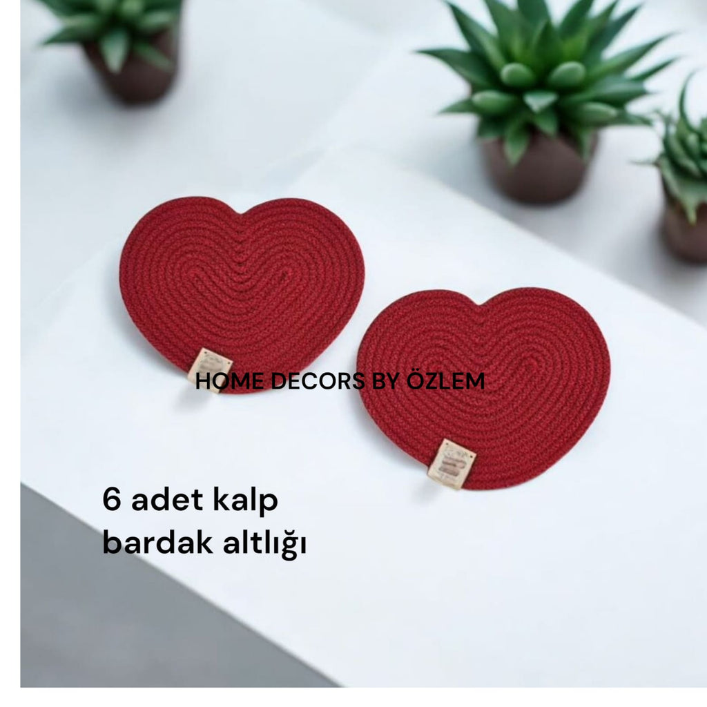 Kırmızı 6 Adet Kalp Bardak Altlığı Organizer Düzenleyici Handmade El Emeği Mutfak Sofra Dekor Sunum - 14x14 cm
