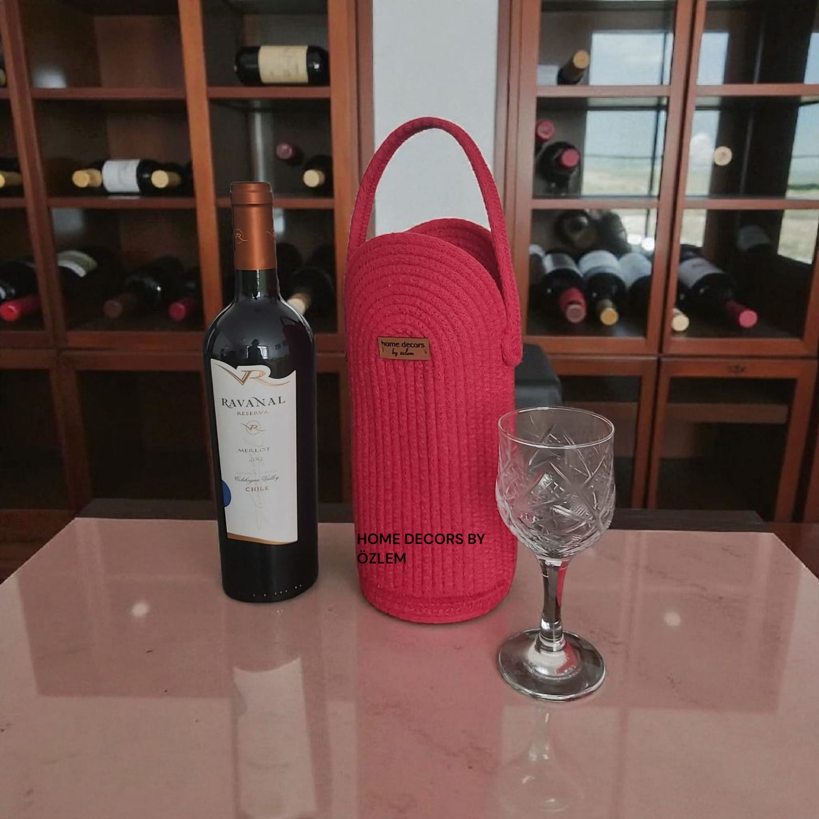 Kırmızı Şarap Sepeti Şaraplık Düzenleyici Şarap Kutusu Organizer Saklama Kutusu Handmade El Emeği - 26x10 cm