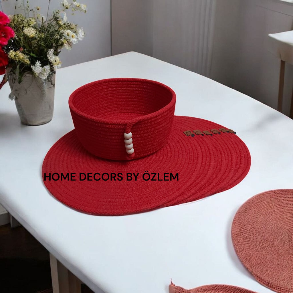 KIRMIZI Renk 6 Kişilik 7 Parça Amerikan Servisi Kırmızı Supla Takımı Organizer Servis Saklama kutusu Hasır Sepet - Supla:33x33 cm / Ekmek Sepeti:20x9 cm