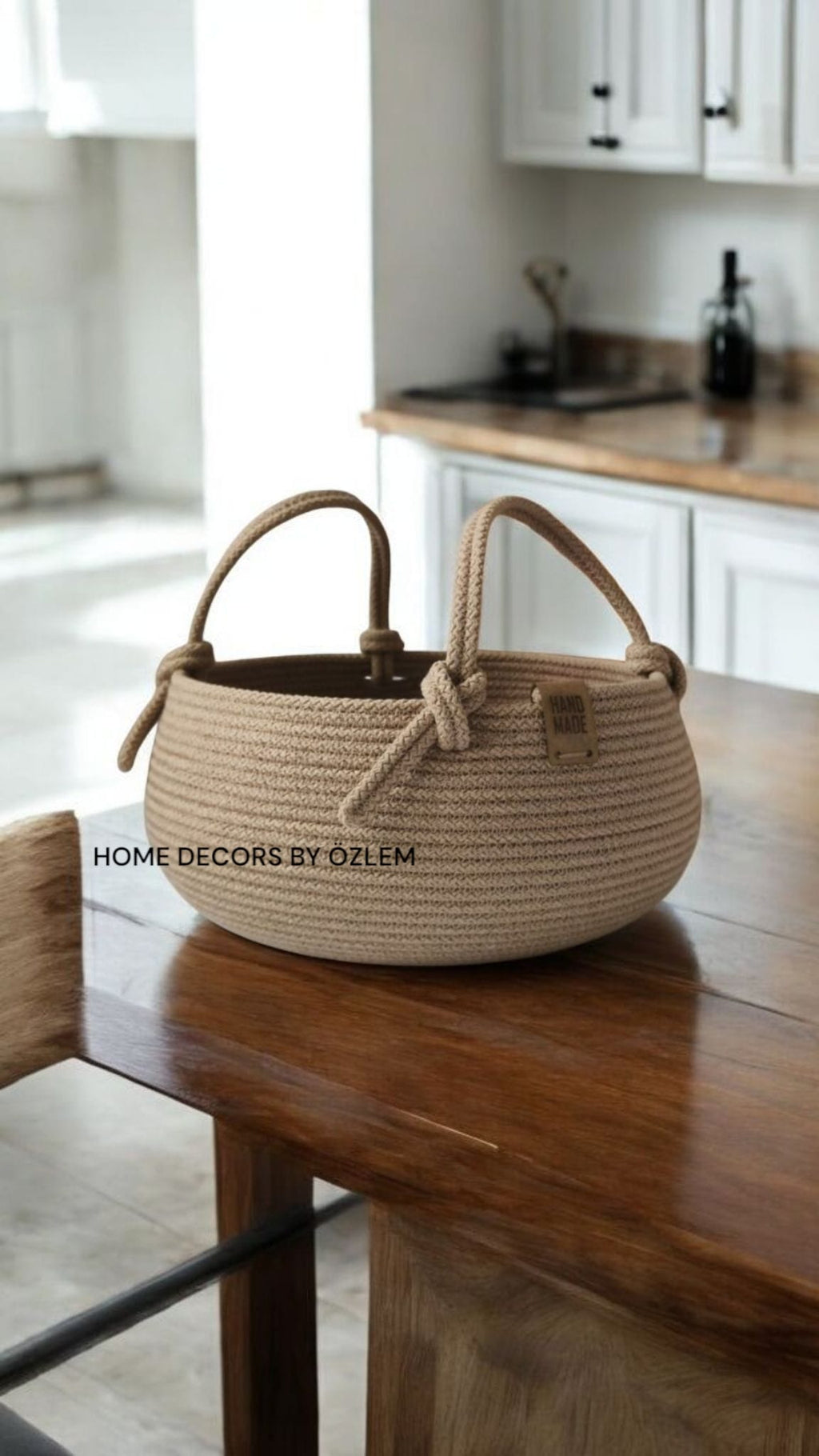 Kulplu Bej Sepet Dekoratif Sepet Saklama Kutusu Hasır Sepet Organizer Düzenleyici - 30x15 cm