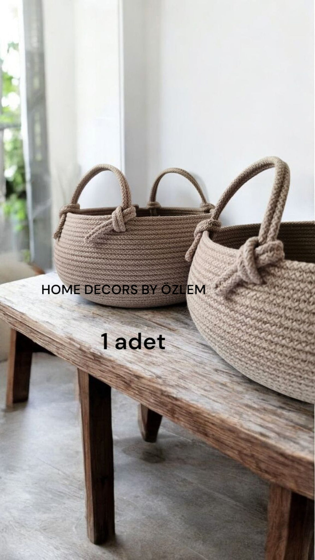 Kulplu Bej Sepet Dekoratif Sepet Saklama Kutusu Hasır Sepet Organizer Düzenleyici - 30x15 cm