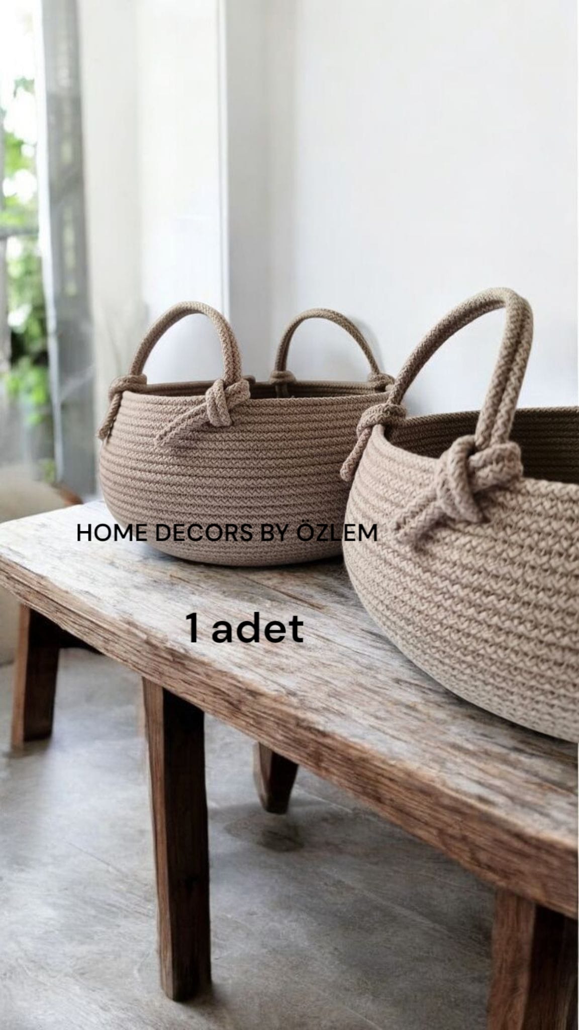 Kulplu Bej Sepet Dekoratif Sepet Saklama Kutusu Hasır Sepet Organizer Düzenleyici - 30x15 cm