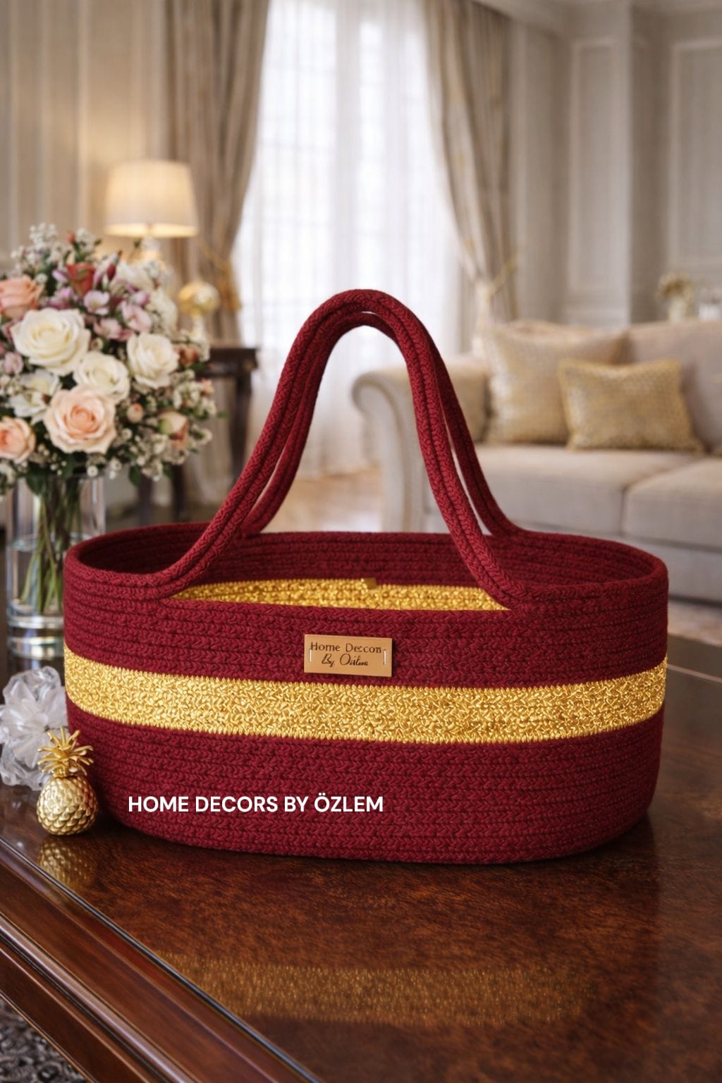 Bordo Altın (Gold) Kulplu Sepet Hasır Sepet Organizer Düzenleyici Saklama Kutusu El Yapımı Handmade El Emeği - 32x22x14 cm