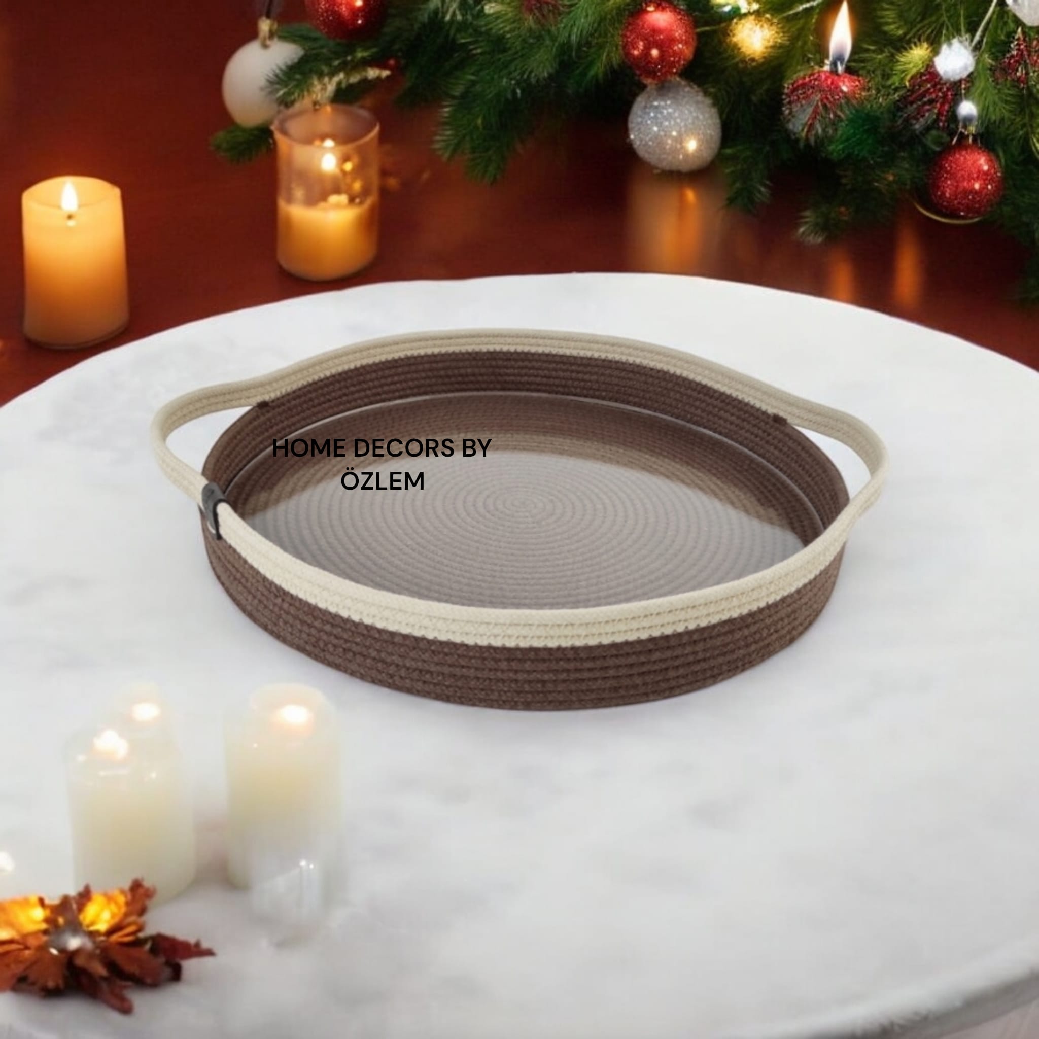 Kulplu Acı Kahve Ekru Sepet Dekoratif Sepet Saklama Kutusu Hasır Sepet Organizer Düzenleyici - 30x5 cm