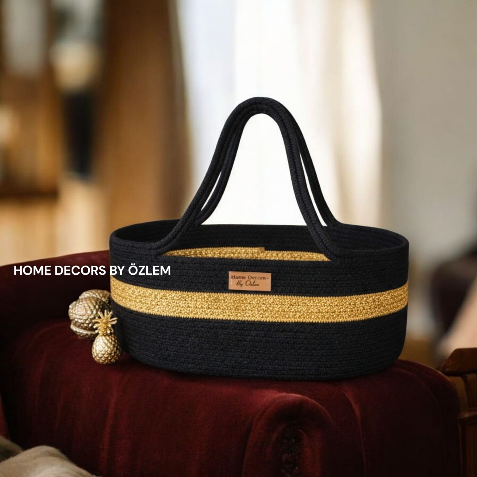 Siyah Altın (Gold) Kulplu Sepet Hasır Sepet Organizer Düzenleyici Saklama Kutusu El Yapımı Handmade El Emeği - 32x22x14 cm