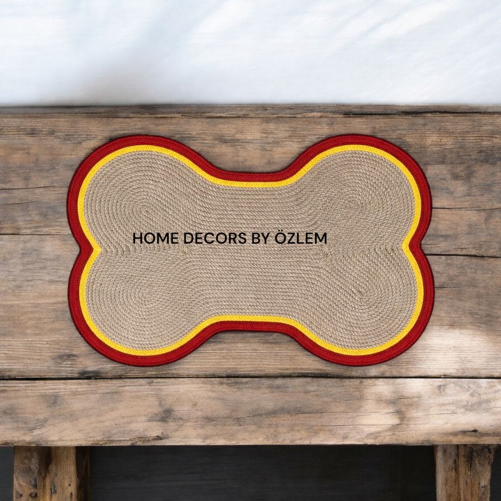 Sarı Kırmızı Kedi Mama Matı Köpek Mama Matı Mama Paspası Düzenleyici Kedi Aksesuarı Organizer Handmade El Emeği - 62x41 cm