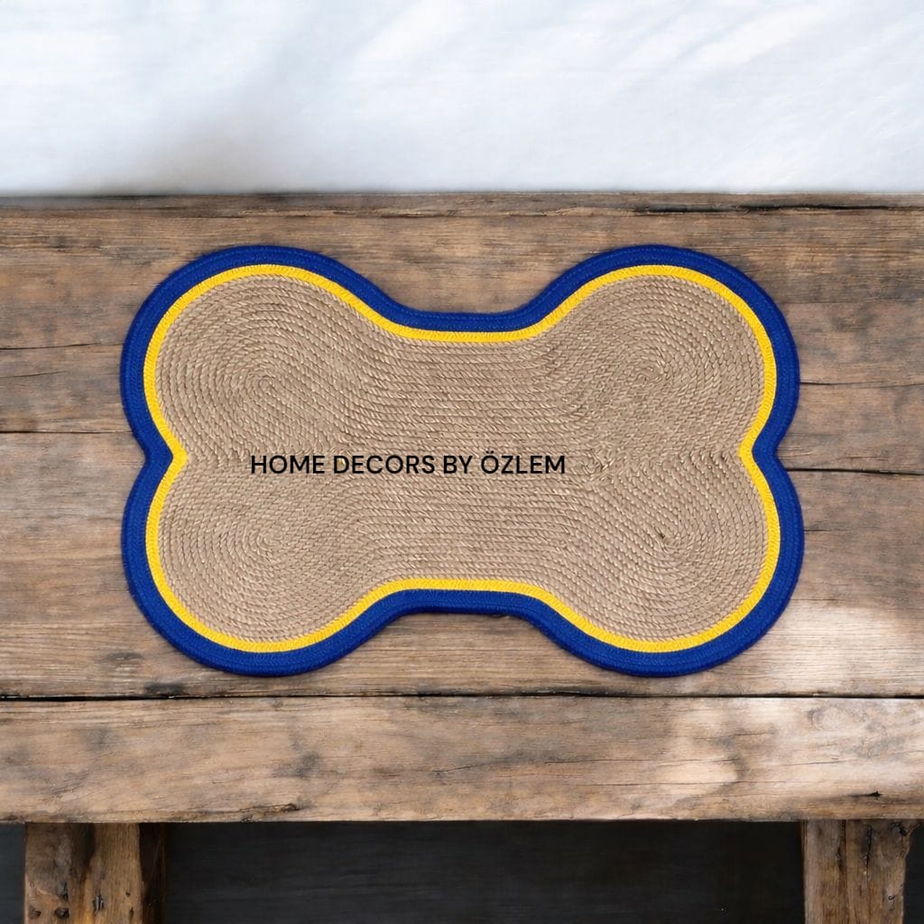 Sarı Lacivert Kedi Mama Matı Köpek Mama Matı Mama Paspası Düzenleyici Kedi Aksesuarı Organizer Handmade El Emeği - 62x41 cm