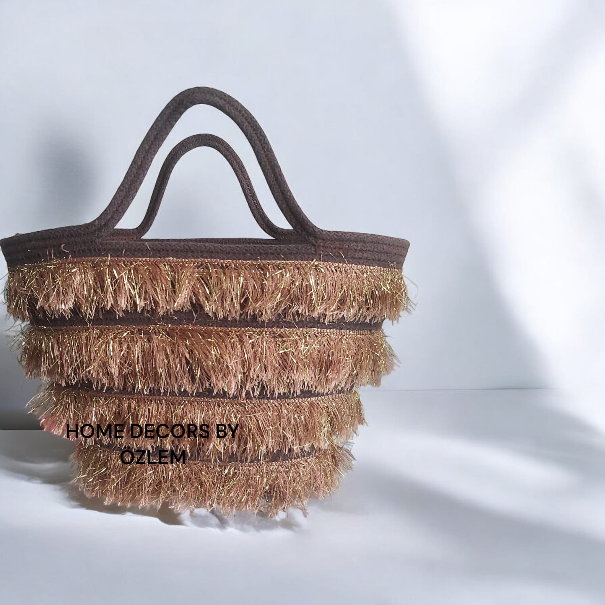 Kahverengi Simli Saçaklı Midi Boy El Kol Çantası Plaj Çantası Günlük Çanta Hasır Çanta El Emeği Handmade - 25x35cm