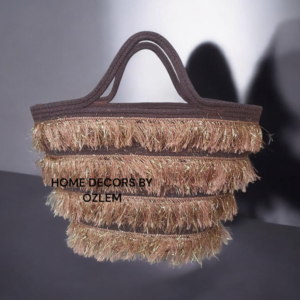 Kahverengi Simli Saçaklı Midi Boy El Kol Çantası Plaj Çantası Günlük Çanta Hasır Çanta El Emeği Handmade - 25x35cm