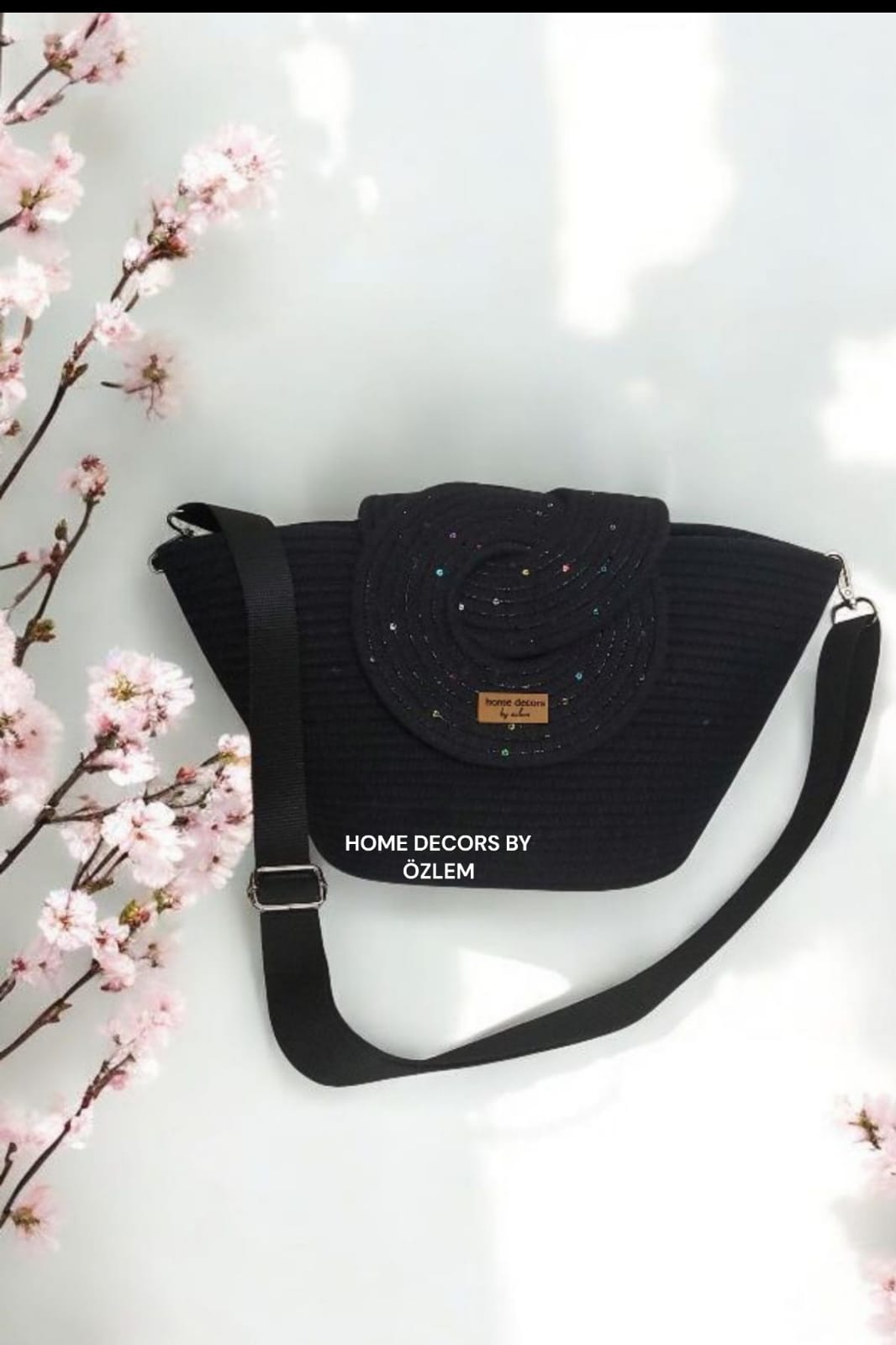 Siyah Pullu Midi Boy Omuz Çantası Plaj Çantası Günlük Çanta Hasır Çanta El Emeği Handmade - 30x35cm