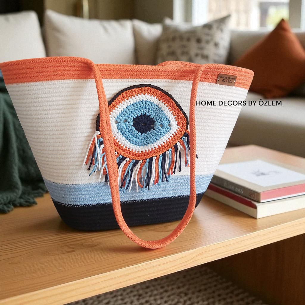 Nazar Omuz Çantası Plaj Çantası Günlük Çanta Hasır Çanta El Emeği Handmade - 40~42x30cm