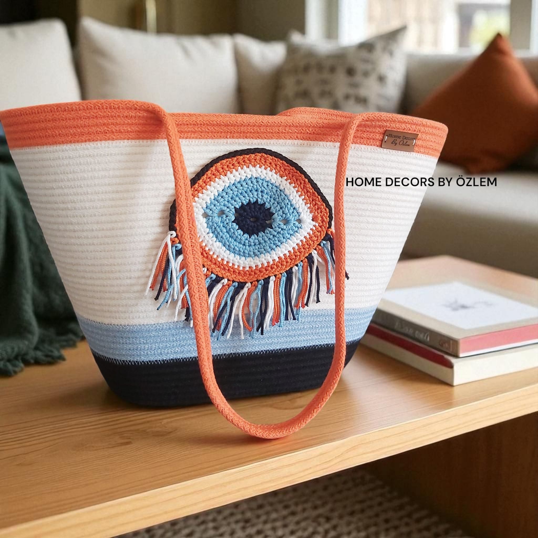 Nazar Omuz Çantası Plaj Çantası Günlük Çanta Hasır Çanta El Emeği Handmade - 40~42x30cm