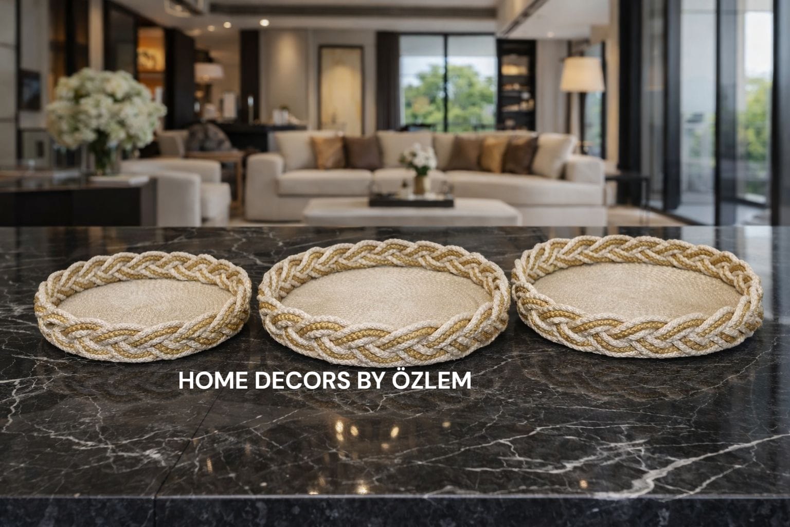 3'lü Ekru Altın (Gold) Sepet Takımı Söz Sepeti Nişan Sepeti Organizer Düzenleyici Saklama Kutusu Hasır Sepet Handmade El Emeği - 35x5cm/30x5cm/25x5cm