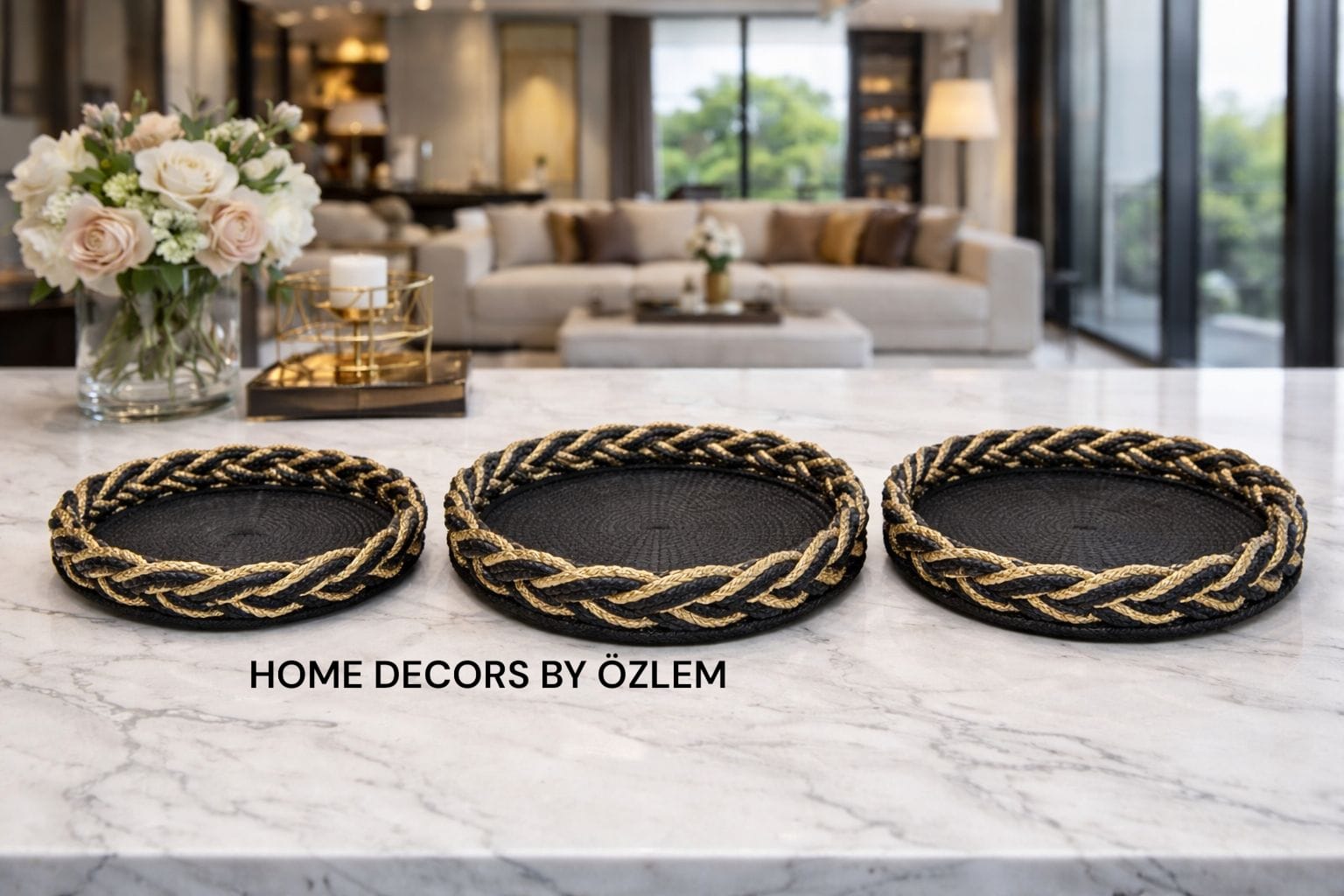 3'lü Siyah Altın (Gold) Sepet Takımı Söz Sepeti Nişan Sepeti Organizer Düzenleyici Saklama Kutusu Hasır Sepet Handmade El Emeği - 35x5cm/30x5cm/25x5cm
