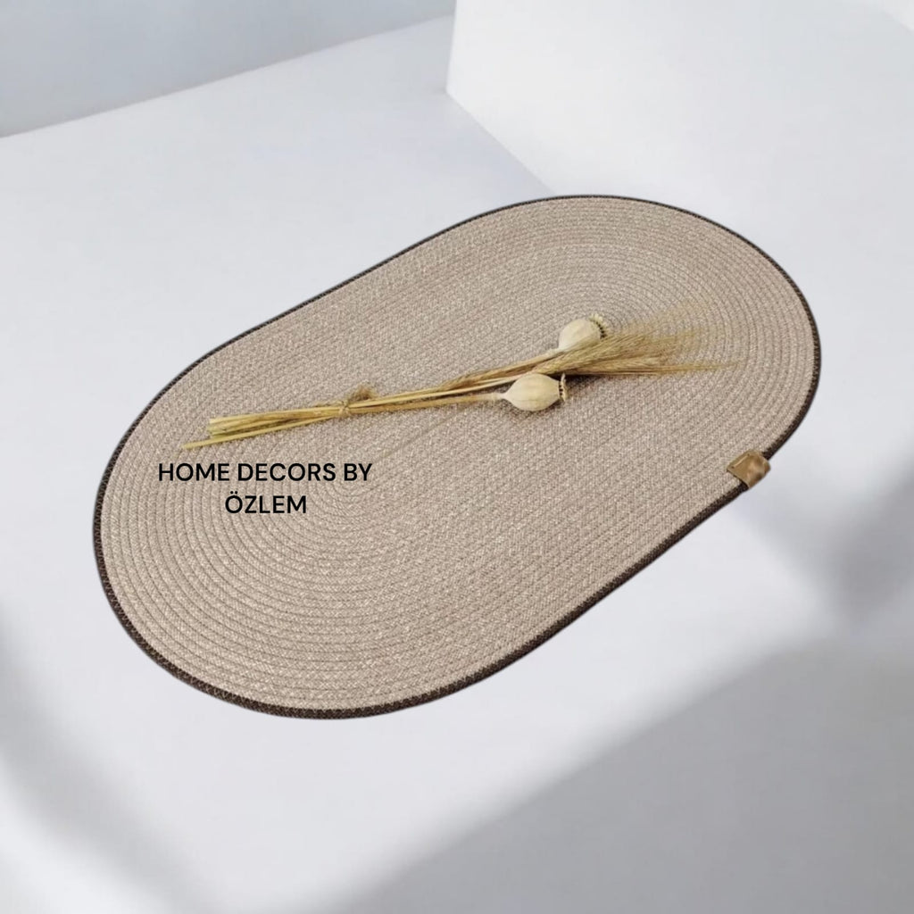Bej Kahverengi Dekoratif Örtü Masa Örtüsü Runner Düzenleyici Handmade El Emeği Hasır Örtü- 70x37 cm