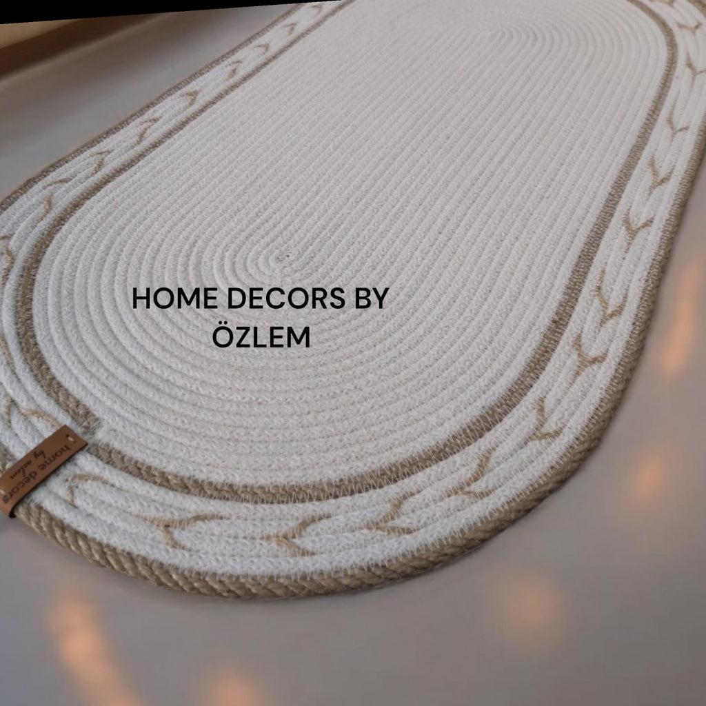 Ekru Hasır Dekoratif Örtü Masa Örtüsü Runner Düzenleyici Handmade El Emeği Hasır Örtü- 70x37 cm