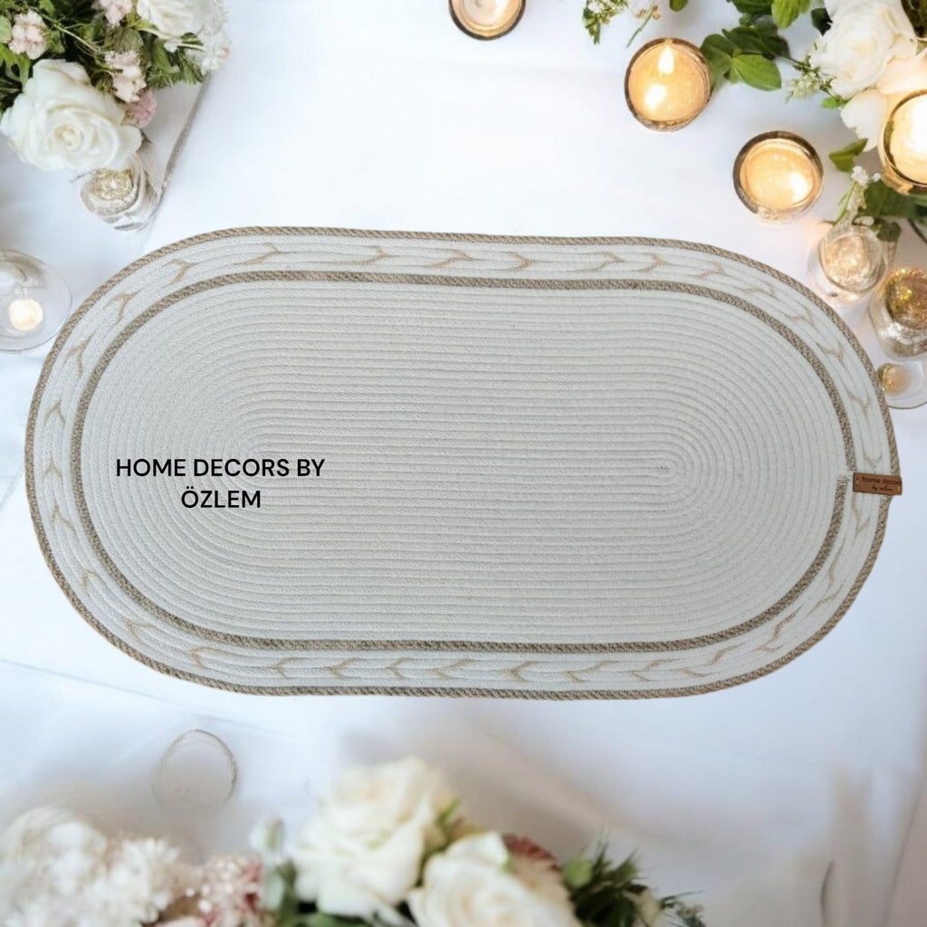 Ekru Hasır Dekoratif Örtü Masa Örtüsü Runner Düzenleyici Handmade El Emeği Hasır Örtü- 70x37 cm