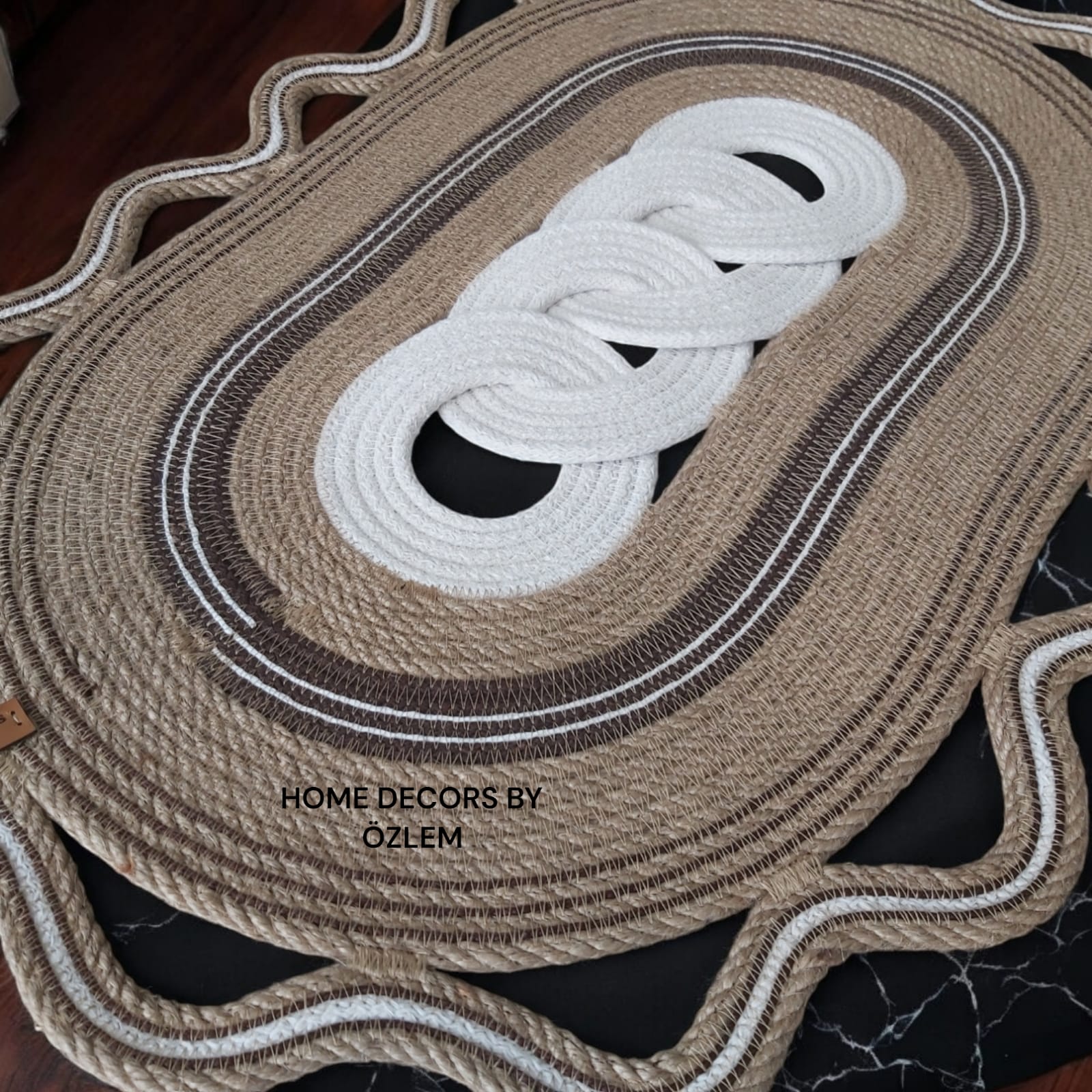 Hasır Kahverengi Ekru Dekoratif Örtü Masa Örtüsü Runner Düzenleyici Handmade El Emeği Hasır Örtü- 62x44 cm