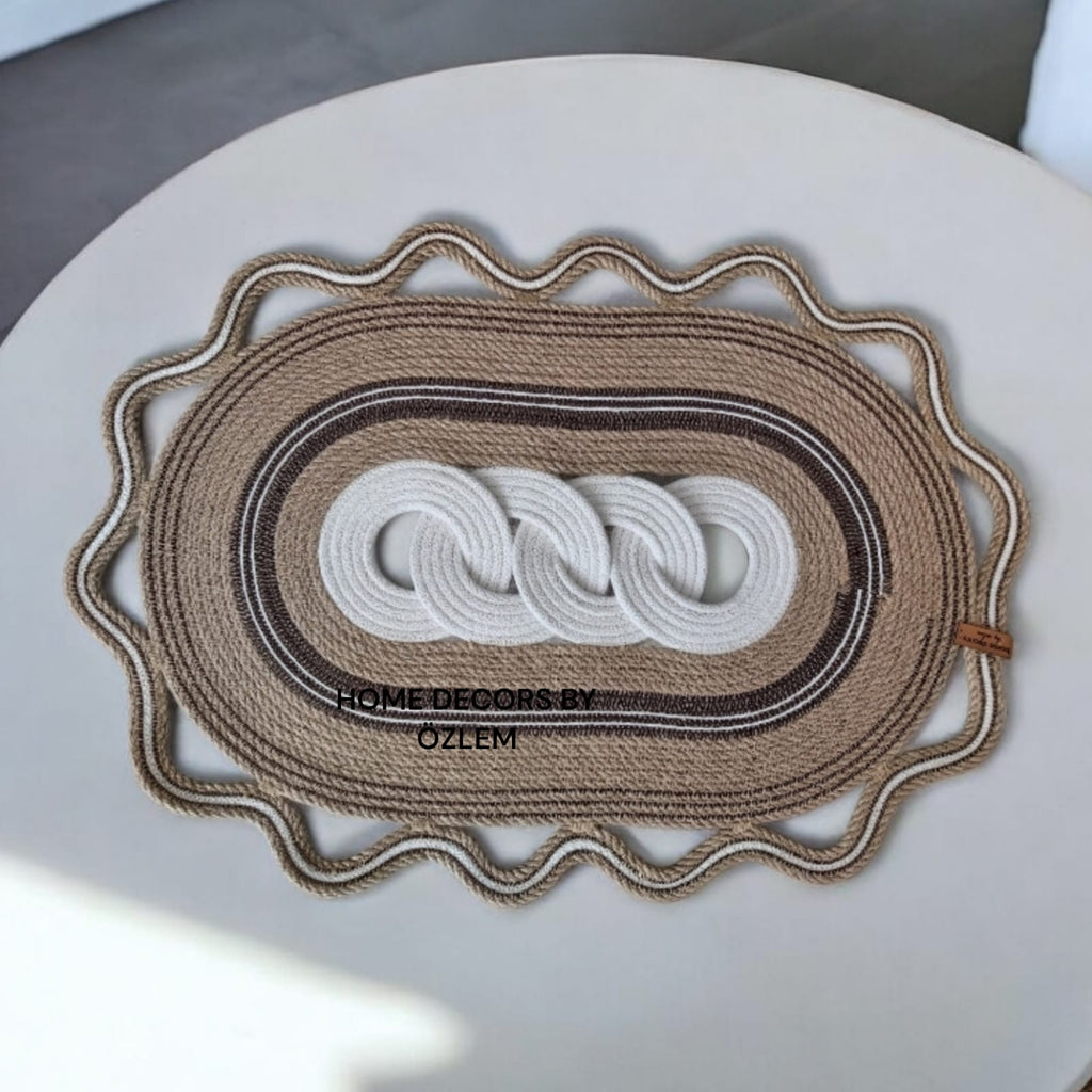 Hasır Kahverengi Ekru Dekoratif Örtü Masa Örtüsü Runner Düzenleyici Handmade El Emeği Hasır Örtü- 62x44 cm