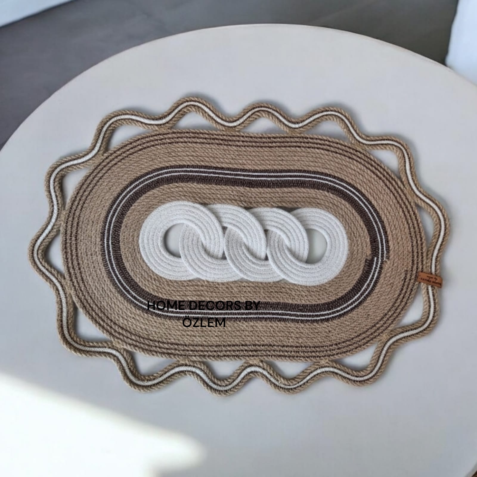 Hasır Kahverengi Ekru Dekoratif Örtü Masa Örtüsü Runner Düzenleyici Handmade El Emeği Hasır Örtü- 62x44 cm