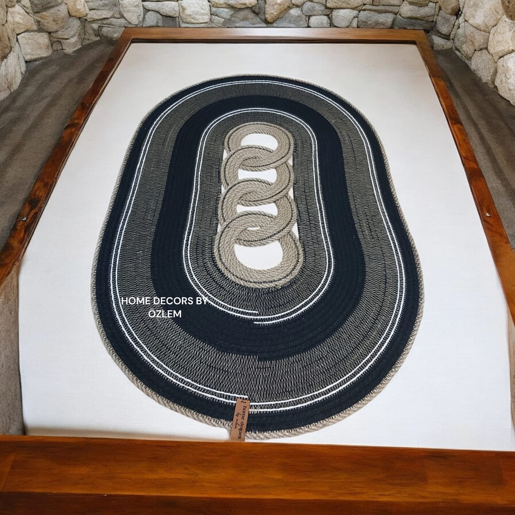 Hasır Siyah Beyaz Dekoratif Örtü Masa Örtüsü Runner Düzenleyici Handmade El Emeği Hasır Örtü- 68x45 cm