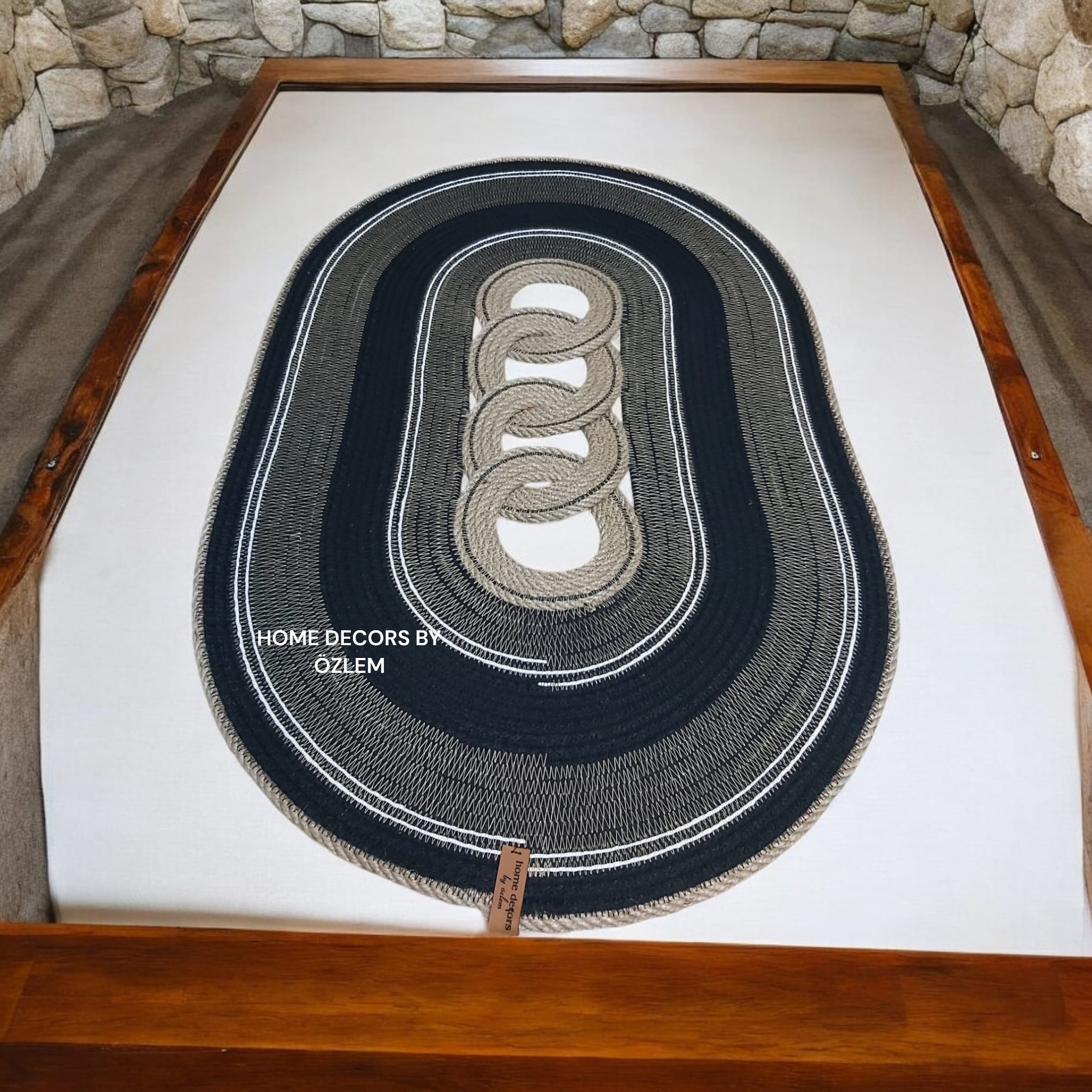 Hasır Siyah Beyaz Dekoratif Örtü Masa Örtüsü Runner Düzenleyici Handmade El Emeği Hasır Örtü- 68x45 cm