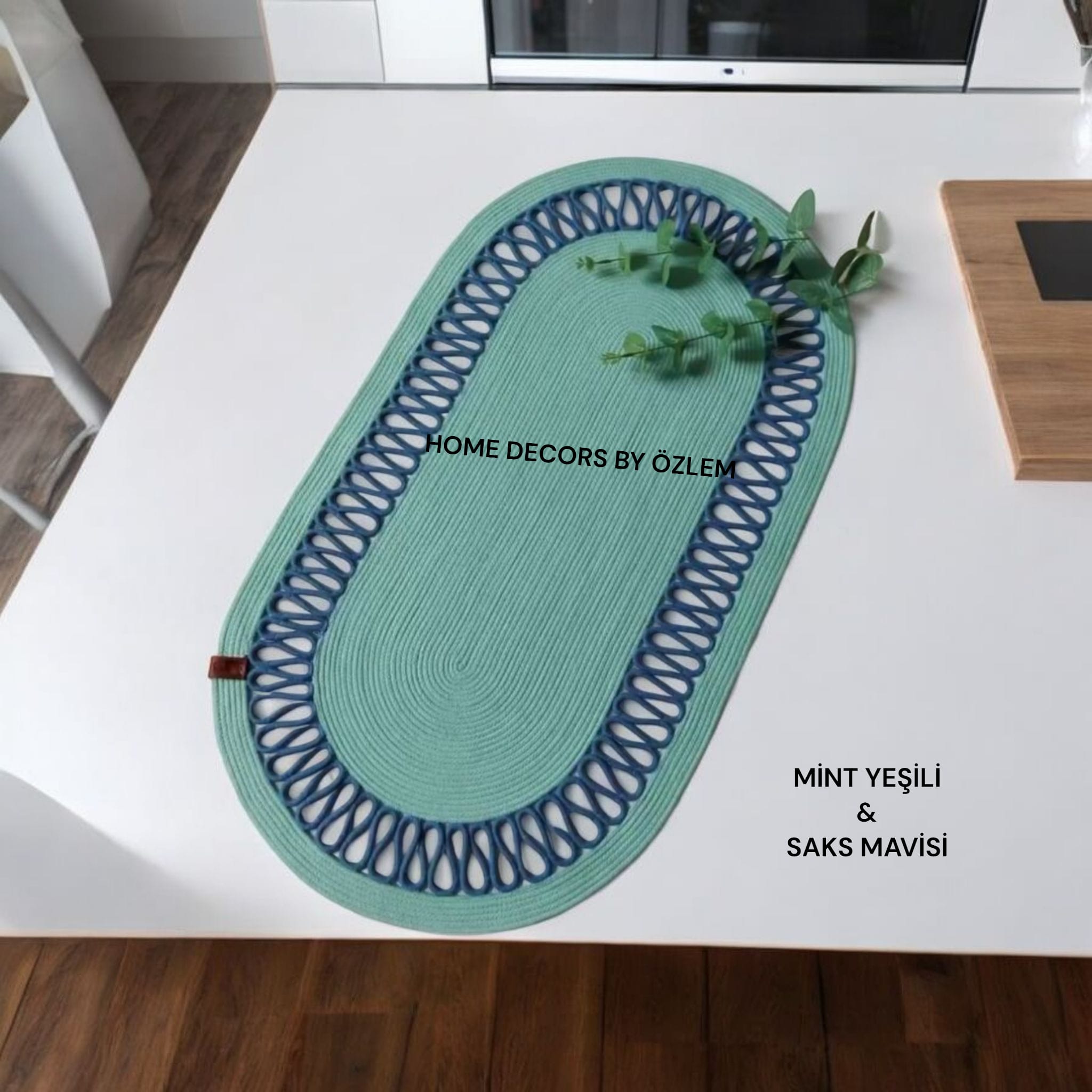 Mint Yeşili Saks Mavisi Dekoratif Örtü Masa Örtüsü Runner Düzenleyici Handmade El Emeği - 70x39 cm