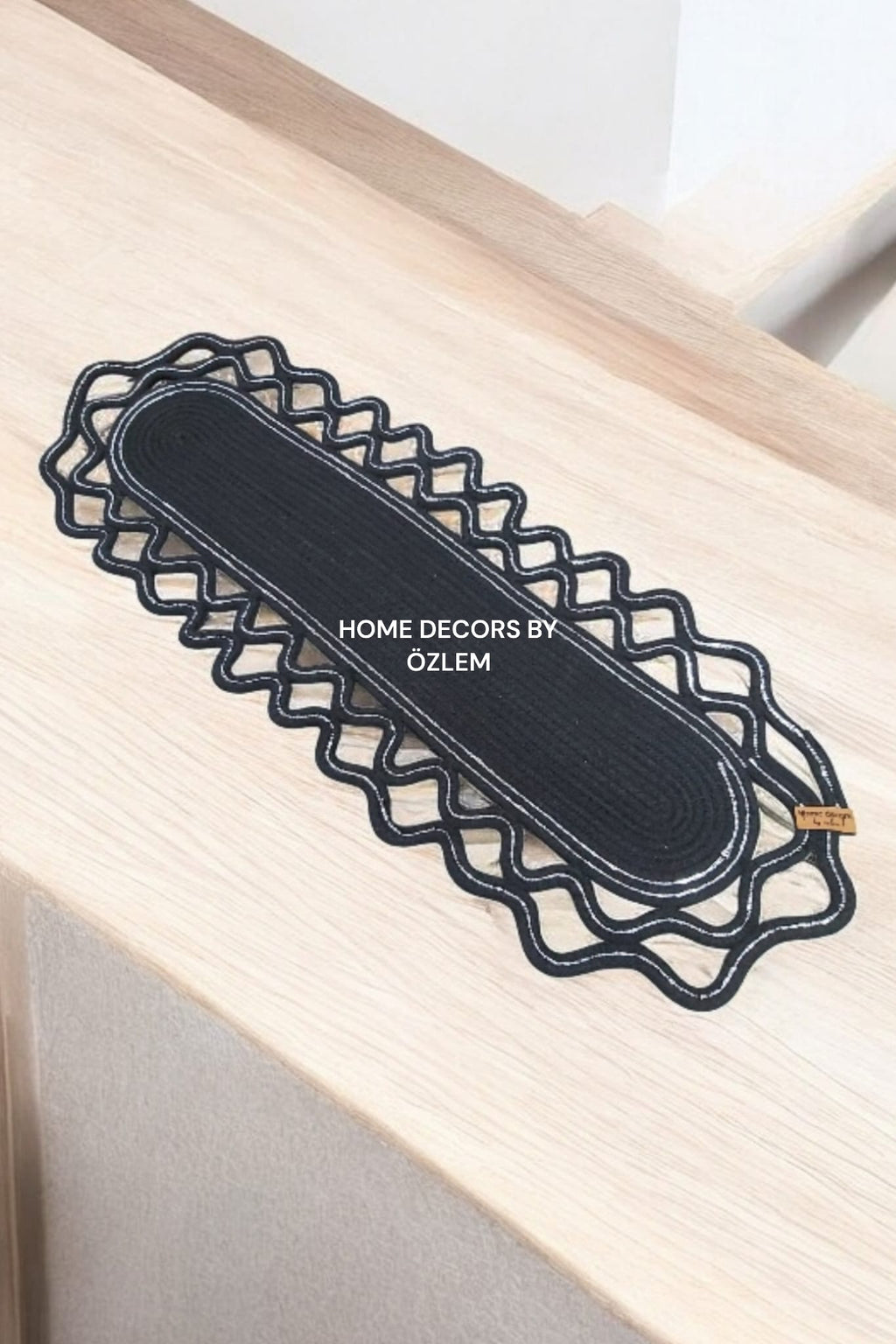 Siyah Gümüş Dekoratif Örtü Masa Örtüsü Runner Düzenleyici Handmade El Emeği Hasır Örtü- 70x25 cm
