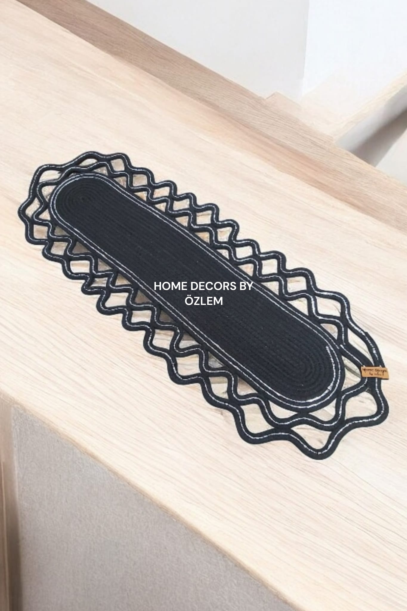 Siyah Gümüş Dekoratif Örtü Masa Örtüsü Runner Düzenleyici Handmade El Emeği Hasır Örtü- 70x25 cm