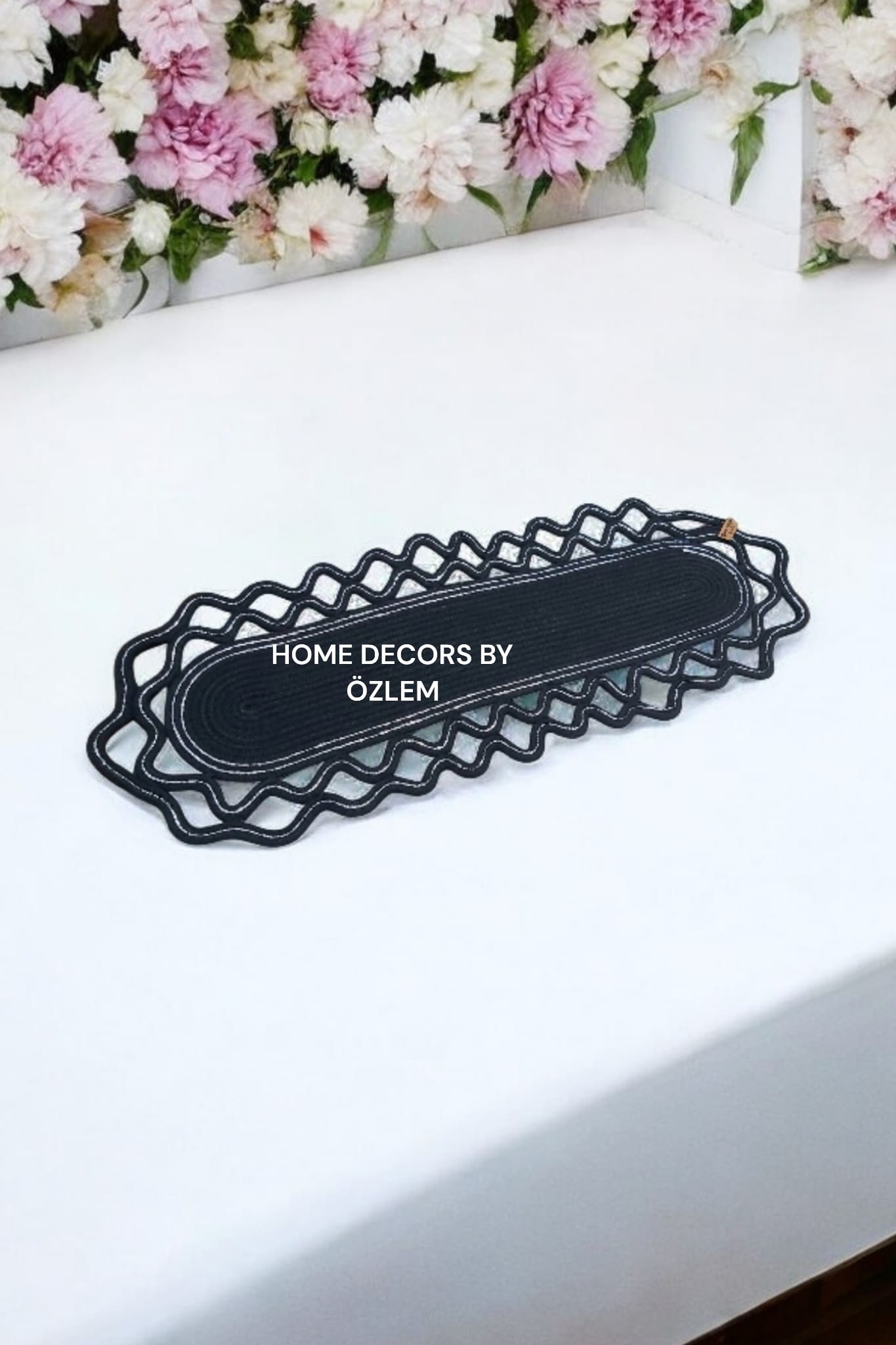 Siyah Gümüş Dekoratif Örtü Masa Örtüsü Runner Düzenleyici Handmade El Emeği Hasır Örtü- 70x25 cm