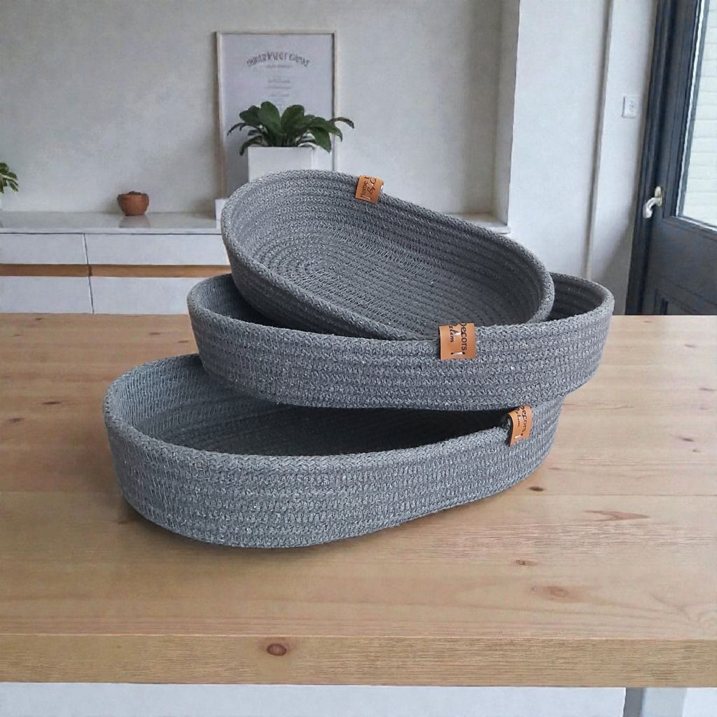 3'lü Antrasit Oval Sepet Takımı Hasır Sepet Düzenleyici Organizer Dekorasyon Hediyelik