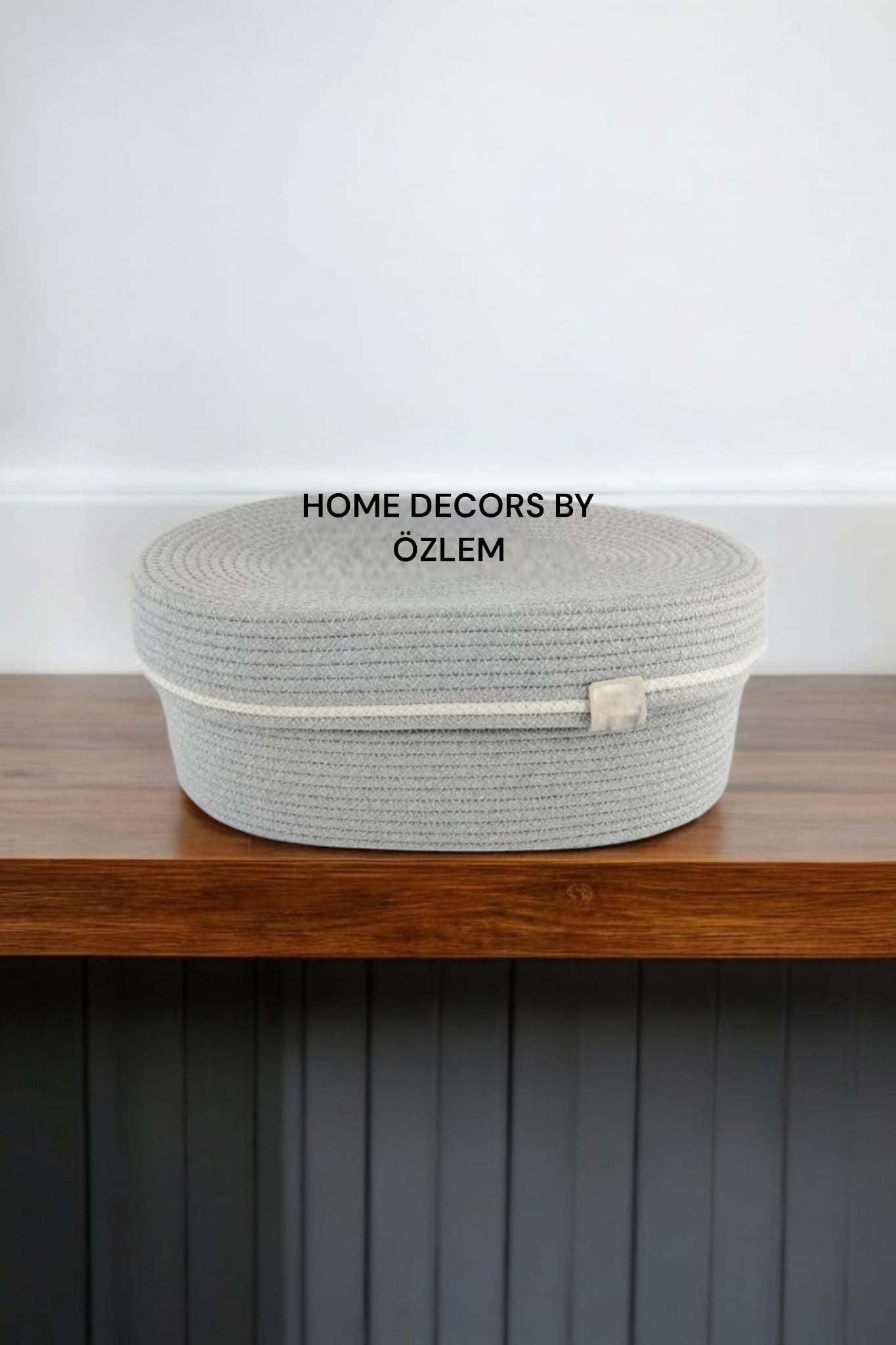 Kapaklı Oval Gri Beyaz Sepet Dekoratif Sepet Saklama Kutusu Organizer Düzenleyici Handmade El Emeği - 25x15x10 cm