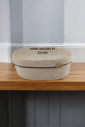 Kapaklı Oval Bej Kahverengi Sepet Dekoratif Sepet Saklama Kutusu Organizer Düzenleyici Handmade El Emeği - 25x15x10 cm