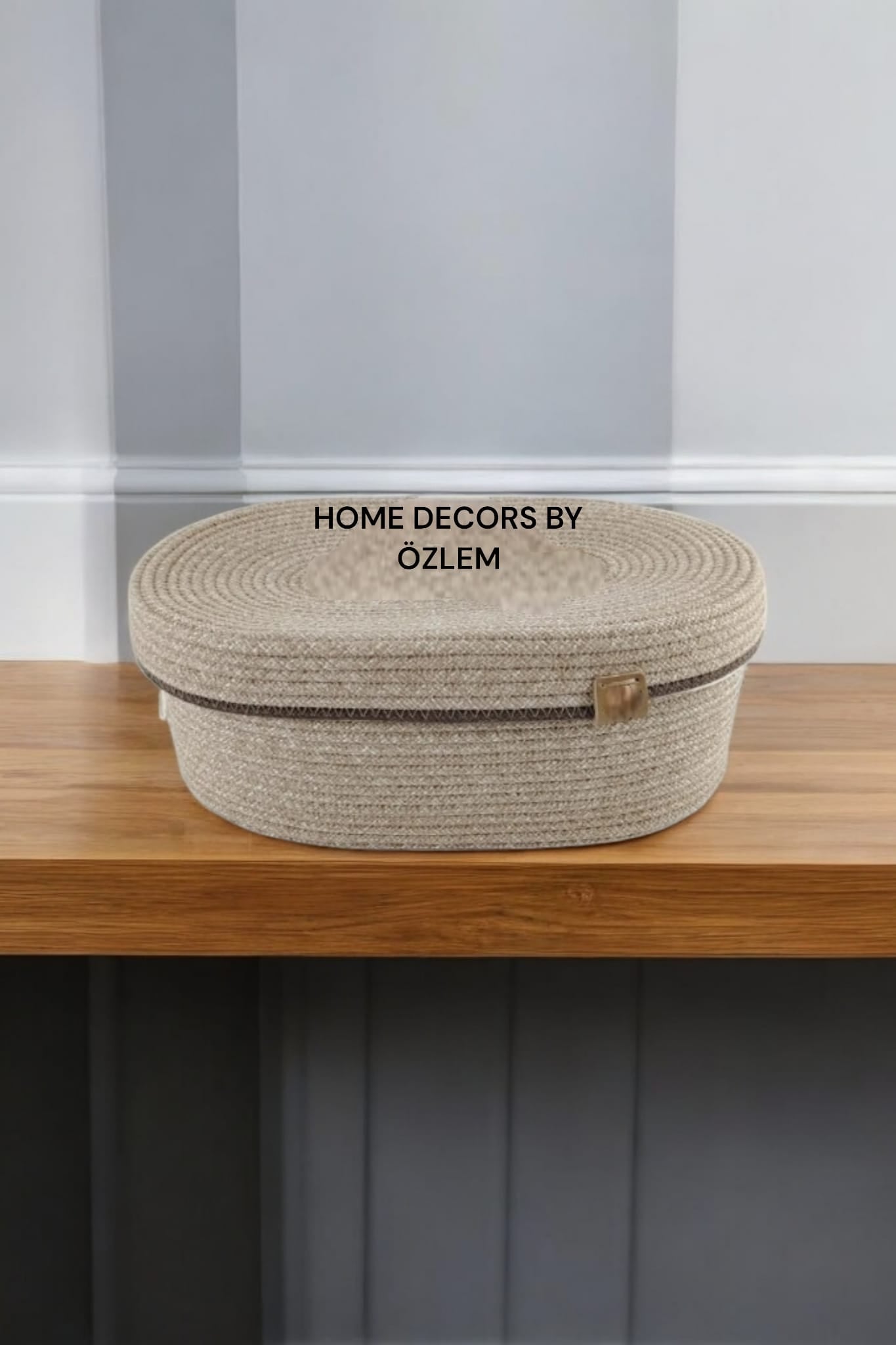 Kapaklı Oval Bej Kahverengi Sepet Dekoratif Sepet Saklama Kutusu Organizer Düzenleyici Handmade El Emeği - 25x15x10 cm