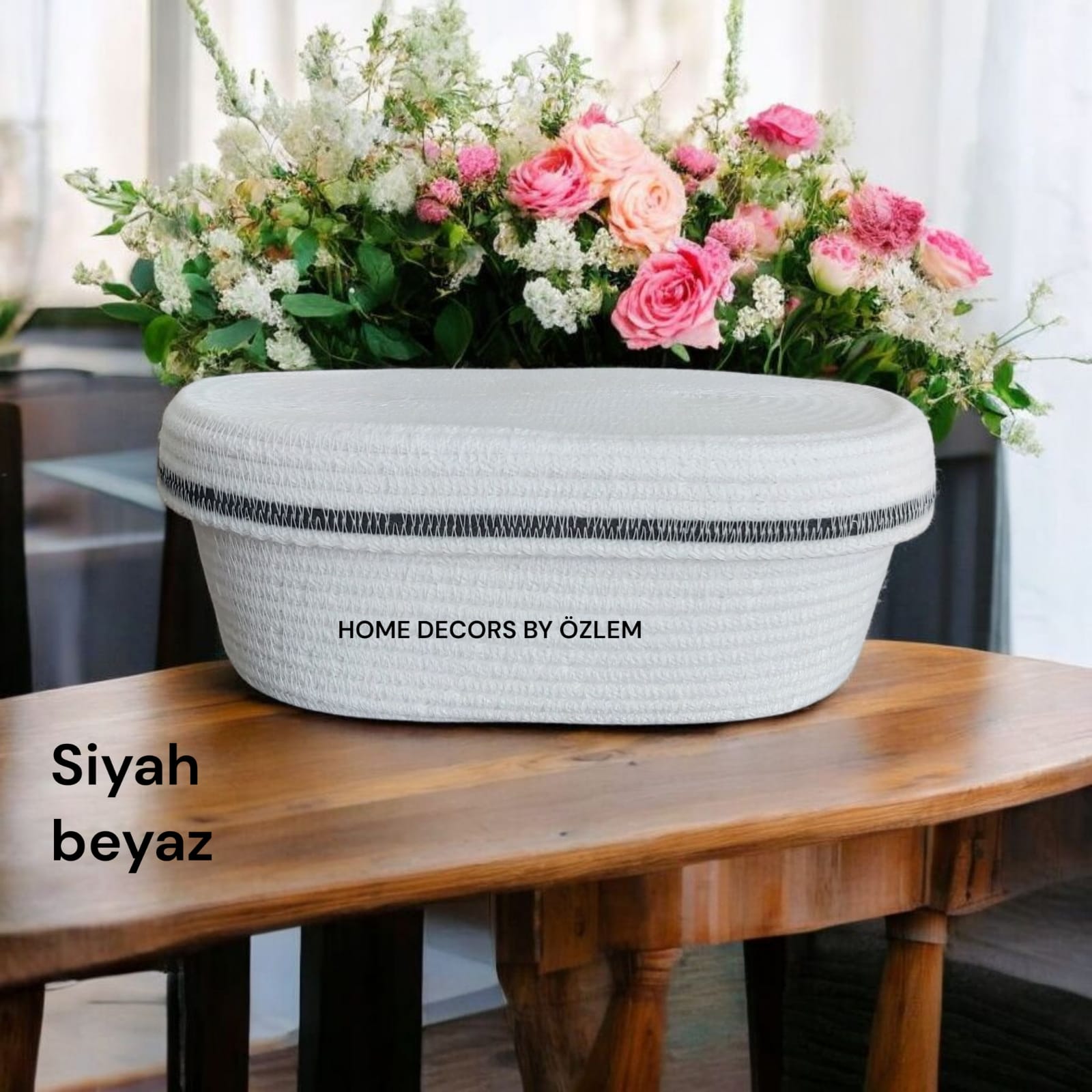 Kapaklı Oval Siyah Beyaz Sepet Dekoratif Sepet Saklama Kutusu Organizer Düzenleyici Handmade El Emeği - 25x15x10 cm