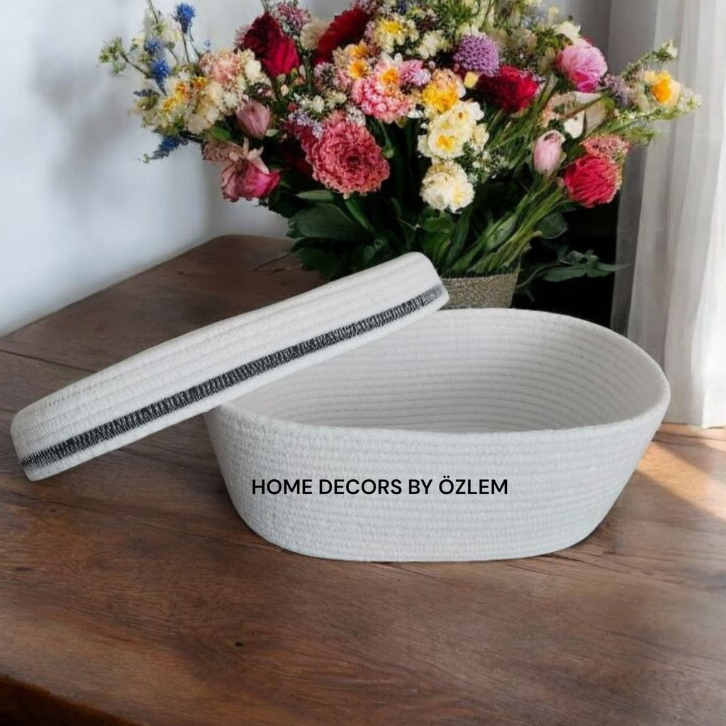 Kapaklı Oval Siyah Beyaz Sepet Dekoratif Sepet Saklama Kutusu Organizer Düzenleyici Handmade El Emeği - 25x15x10 cm