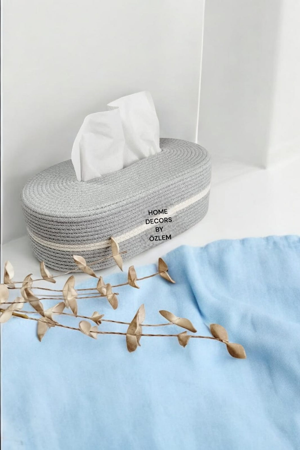 Gri Beyaz Oval Peçetelik Organizer Düzenleyici Peçete Tutucu Hasır Peçetelik Sofra El Yapımı El Emeği Handmade - 27x15x8 cm