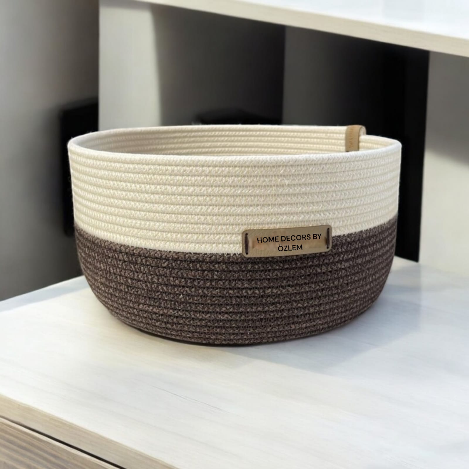 Ekru Acı Kahve Sepet Dekoratif Sepet Saklama Kutusu Organizer Düzenleyici Handmade El Emeği - 22x10 cm