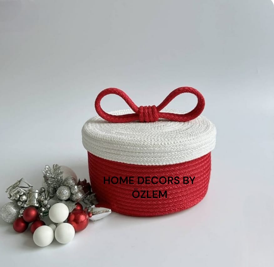 Kırmızı Beyaz Kapaklı Sepet Dekoratif Sepet Saklama Kutusu Organizer Hasır Sepet Düzenleyici Handmade El Emeği - 20x11 cm