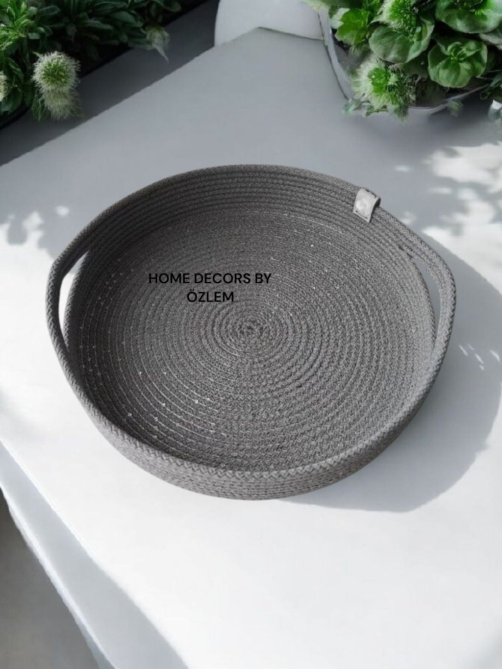 Kulplu Gri Pullu Işıltılı Sepet Dekoratif Sepet Saklama Kutusu Hasır Sepet Organizer Düzenleyici - 30x6 cm