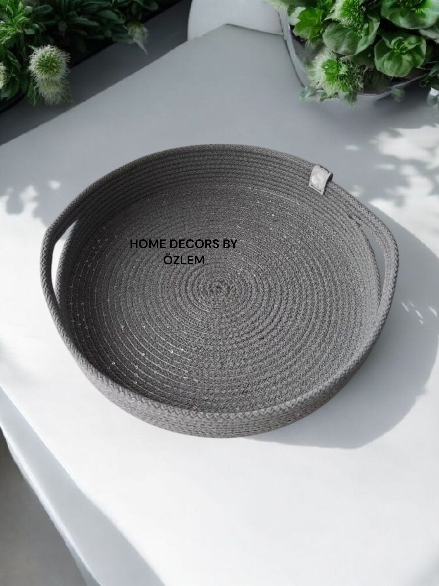 Kulplu Gri Pullu Işıltılı Sepet Dekoratif Sepet Saklama Kutusu Hasır Sepet Organizer Düzenleyici - 30x6 cm