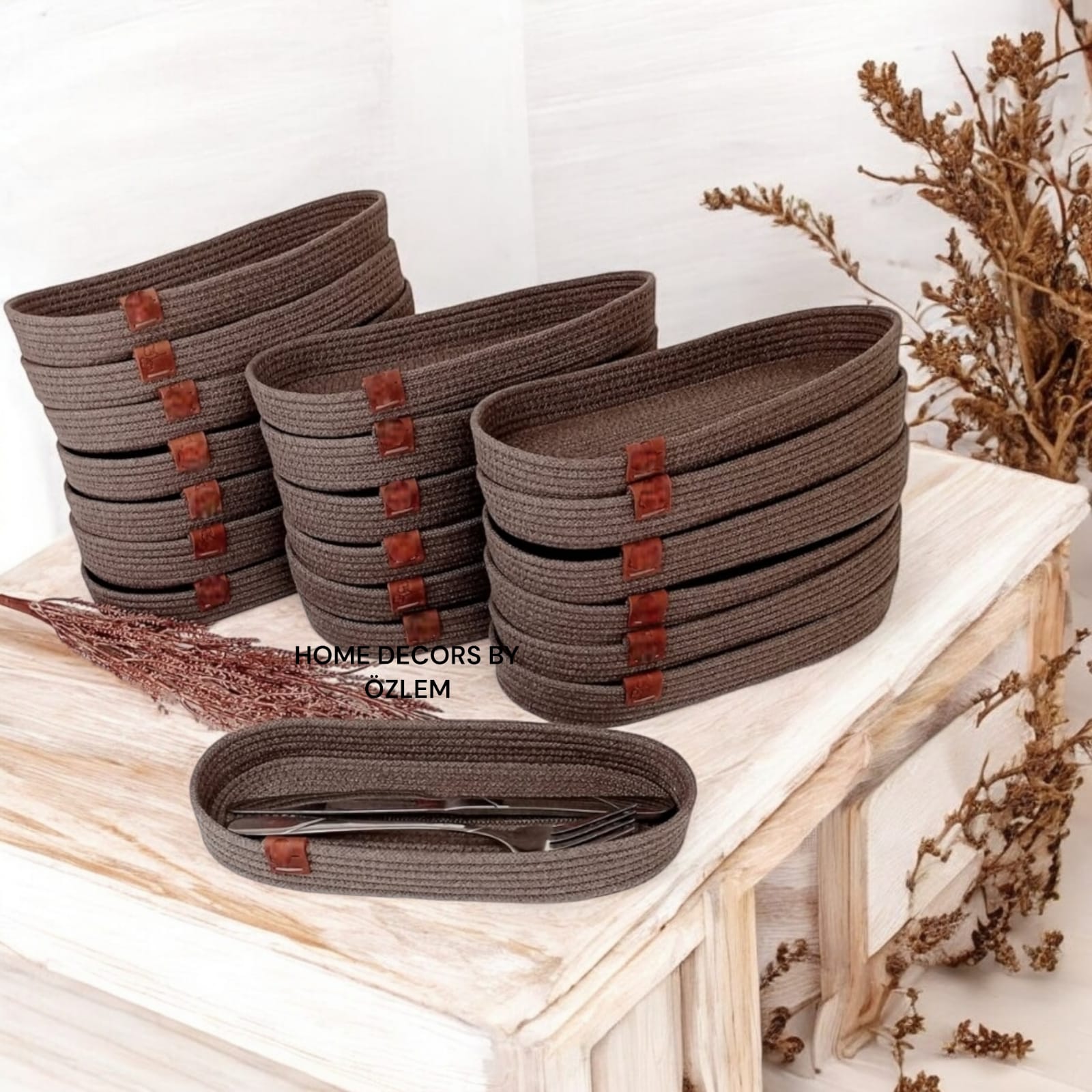 20 Adet Kahverengi Oval Sepet Takımı Düzenleyici Organizer Saklama Kutusu Mutfak Dekor Salon Hasır Sepet Takımı - 25x10x4 cm